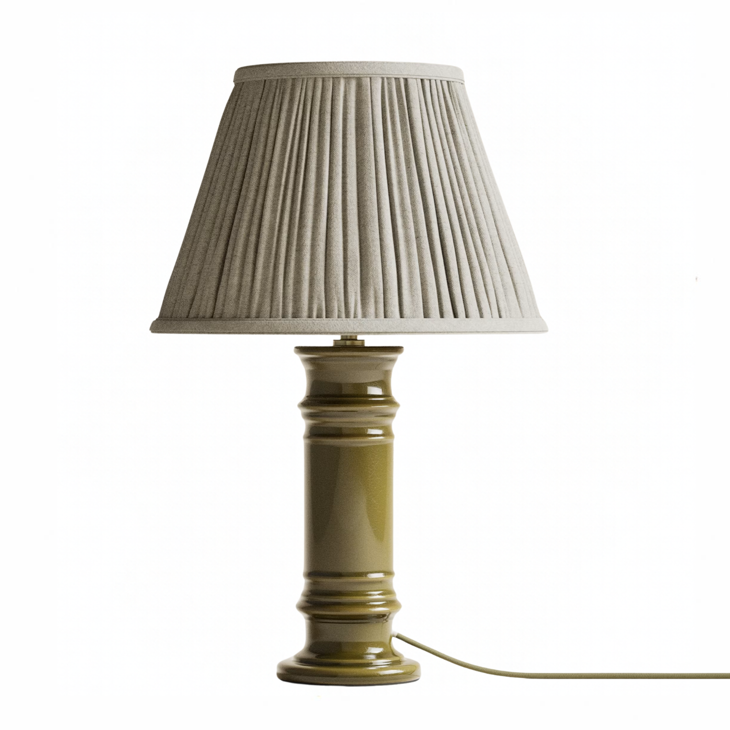 an olive green lamp with a beige shade