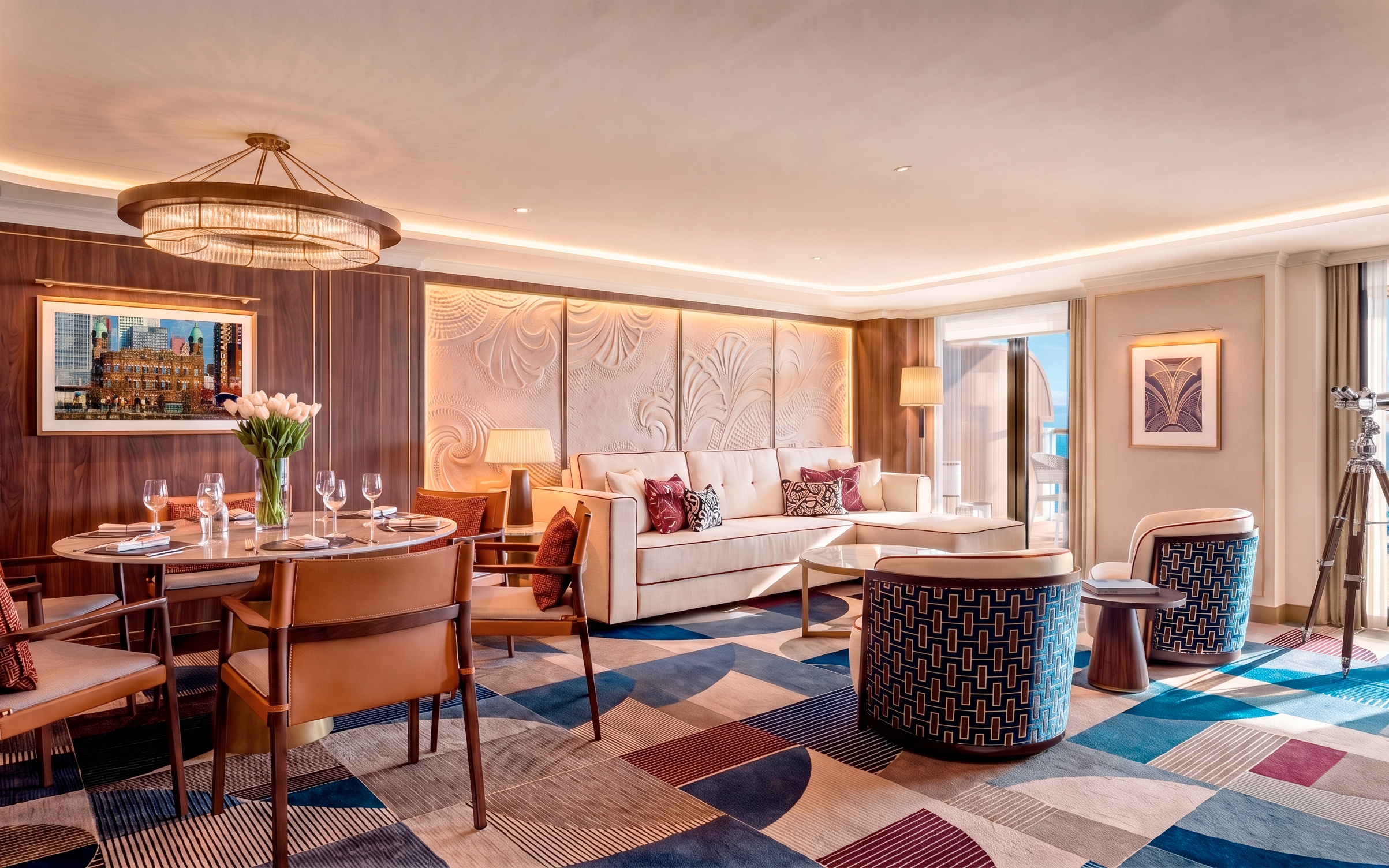 Luxurious lounge with a dining table and chairs on the left, a plush sectional sofa in front of a textured wall, patterned armchairs, geometric carpet, warm ambient lighting, and a telescope near a window overlooking the ocean