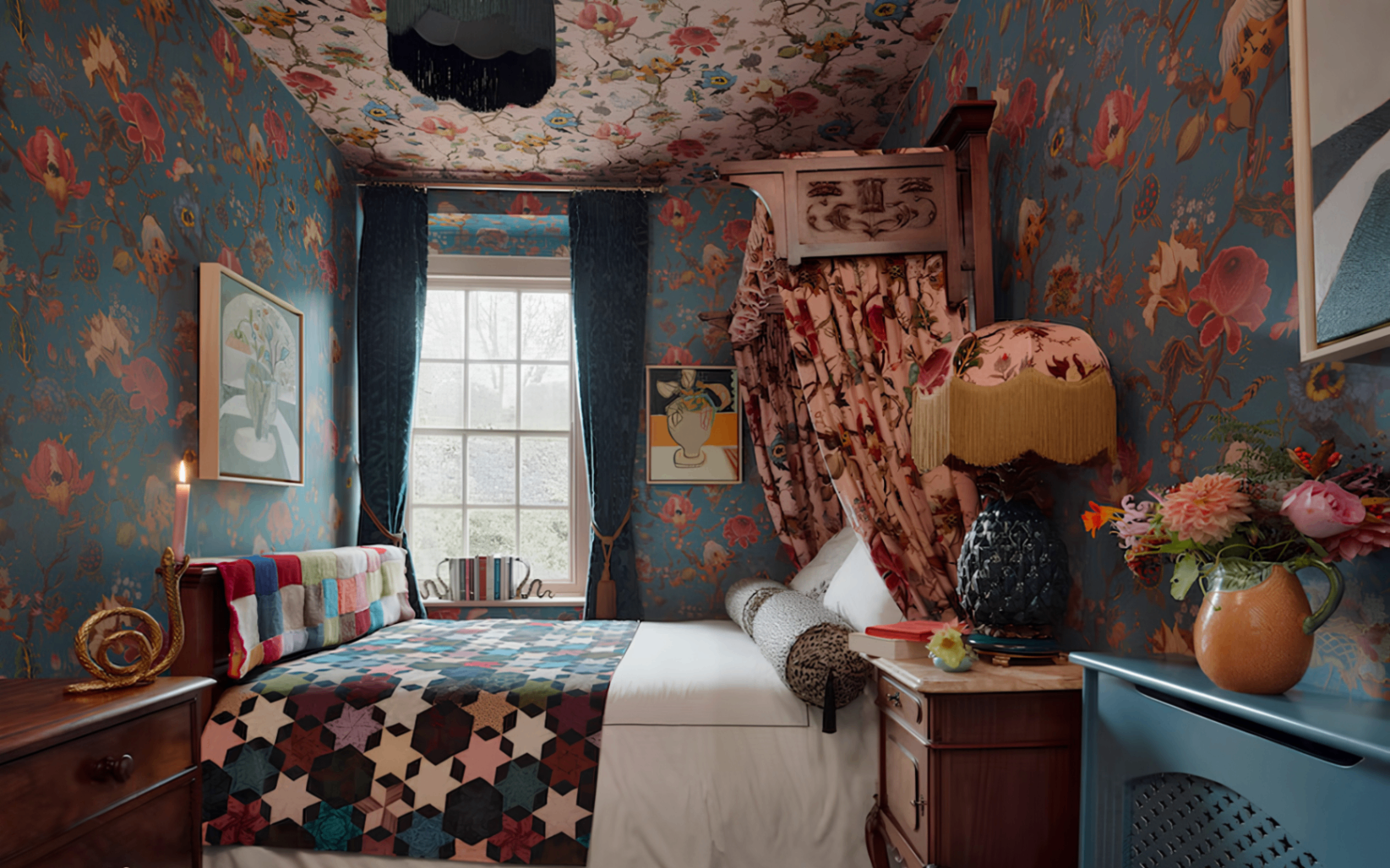 wallpaper drenched maximalist bedroom