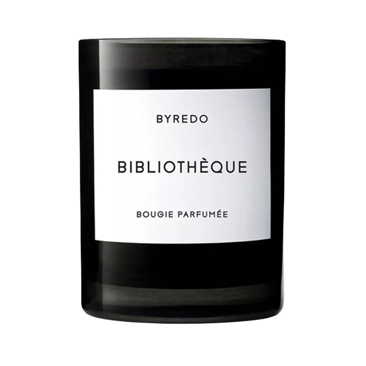 black candle with a white label that says byredo bibliotheque