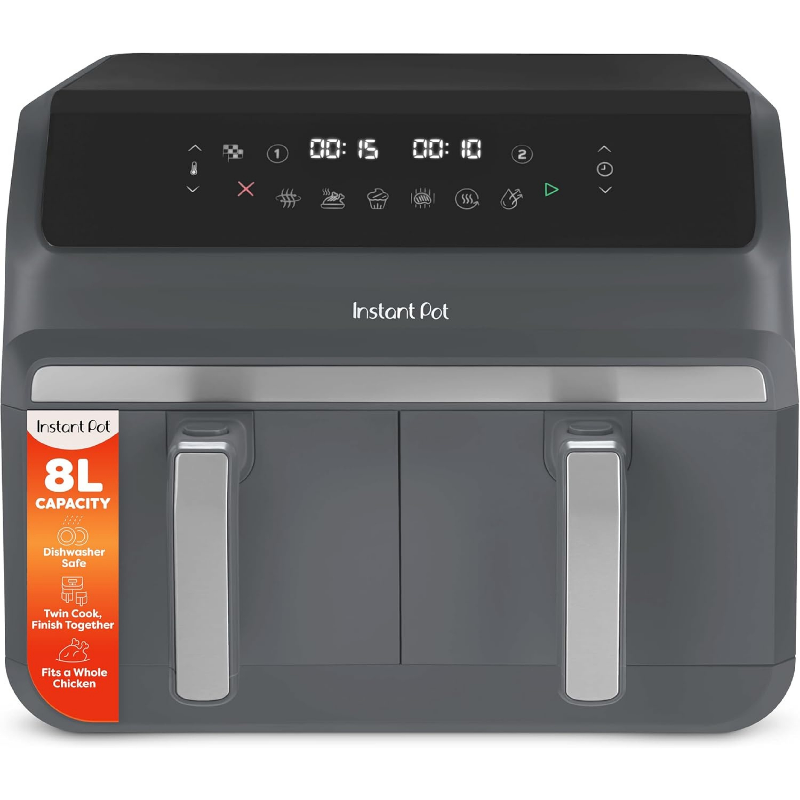 Instant Pot Vortex Dual Air Fryer pictured in black on a white background