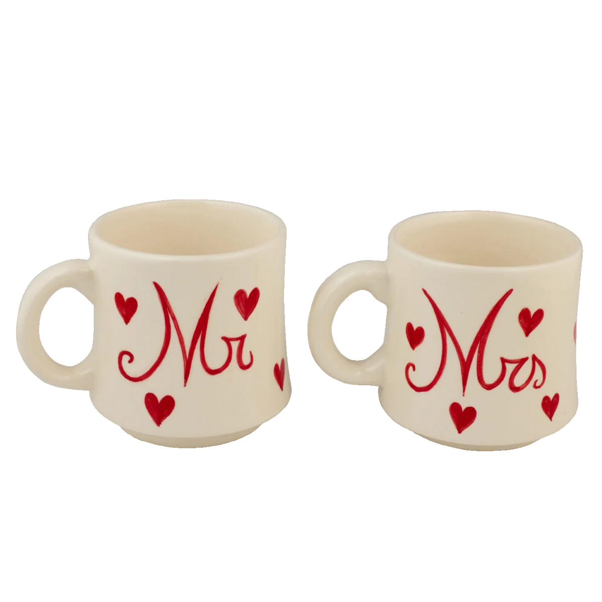 a set of two cream mrs and mrs mugs with red writing and hearts