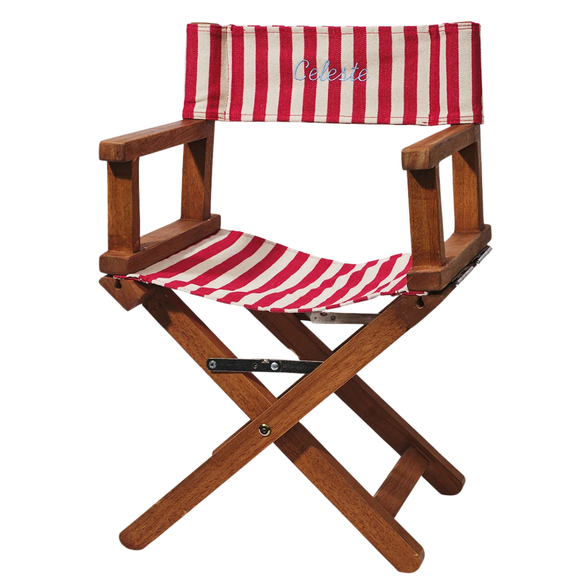 a red and white stripe kids director chair