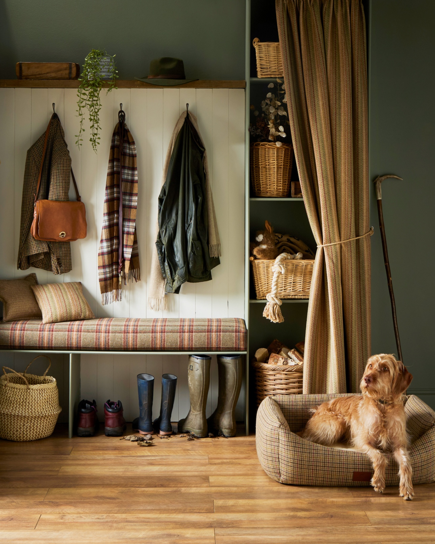 a boot room with a tweed dog bed on the floor with a long haired dog inside, a tartan upholstered bench with boots underneath and pegs above it