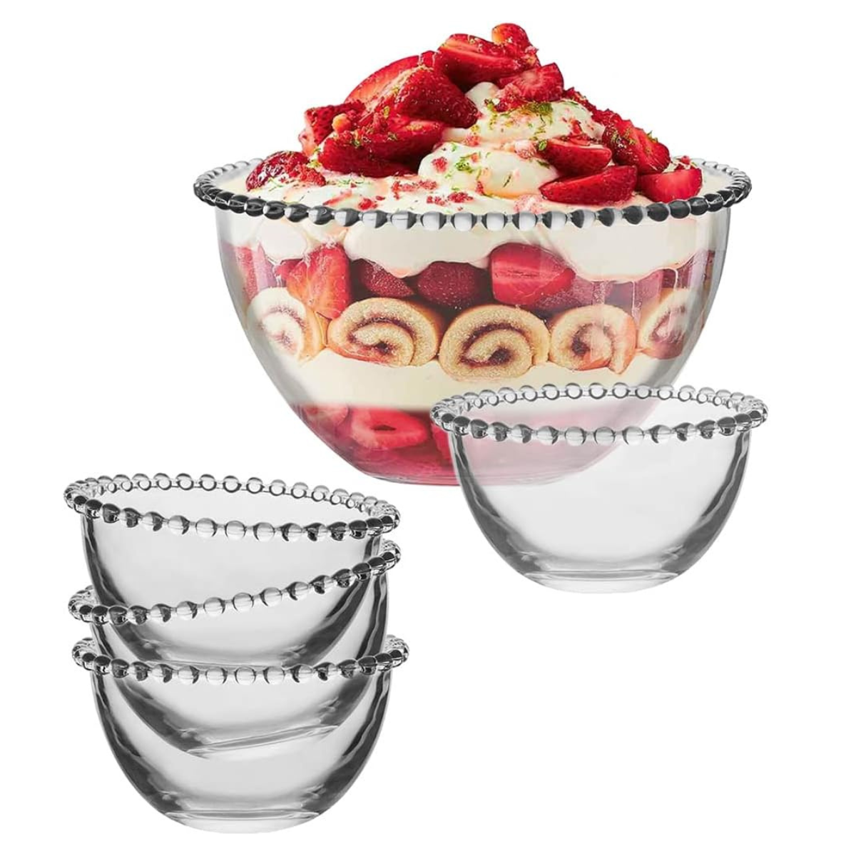 a large glass bowl with a strawberry dessert inside and a set of 4 matching glass bowls stacked
