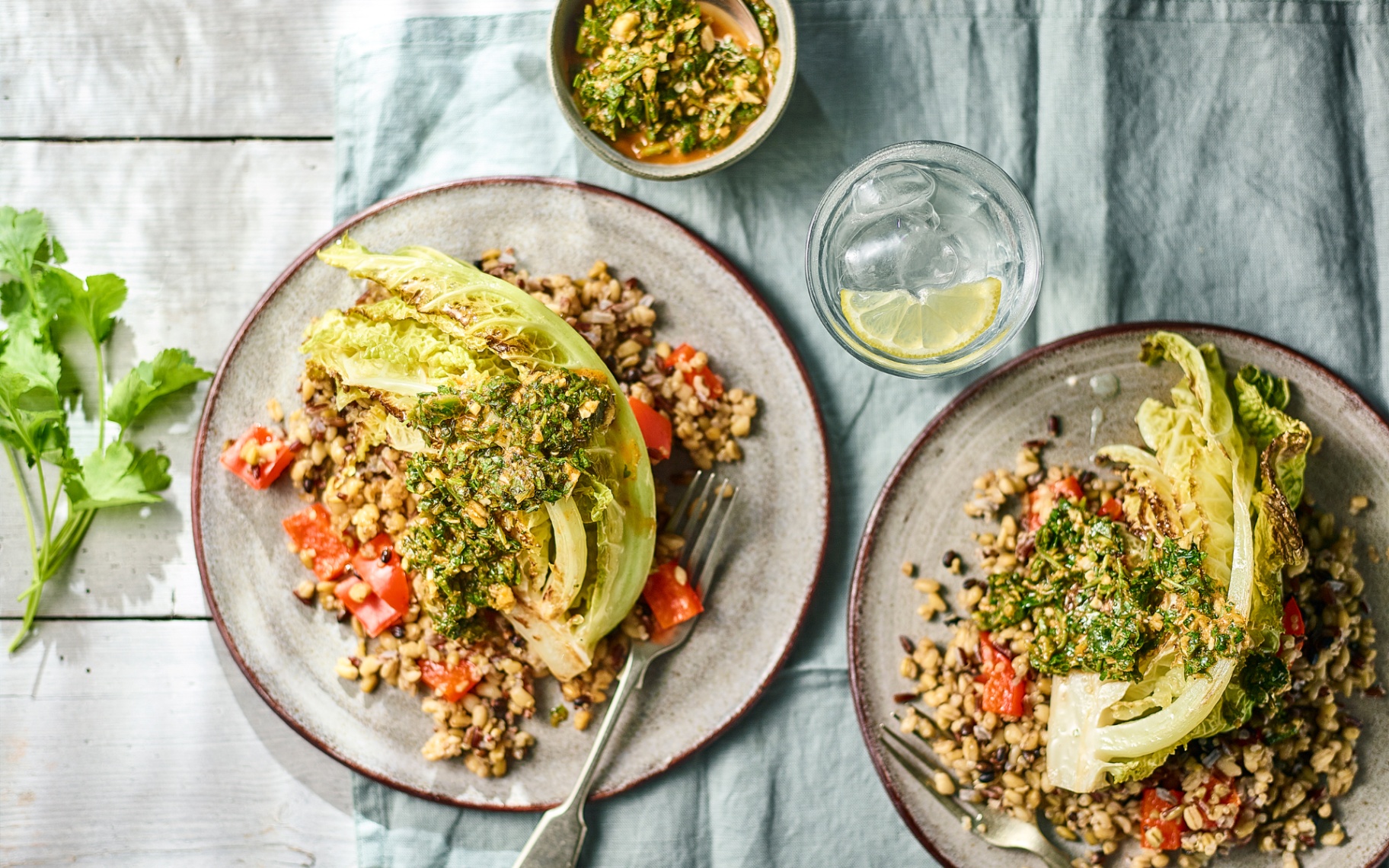 Chermoula Cabbage recipe pictured on a table with dressing