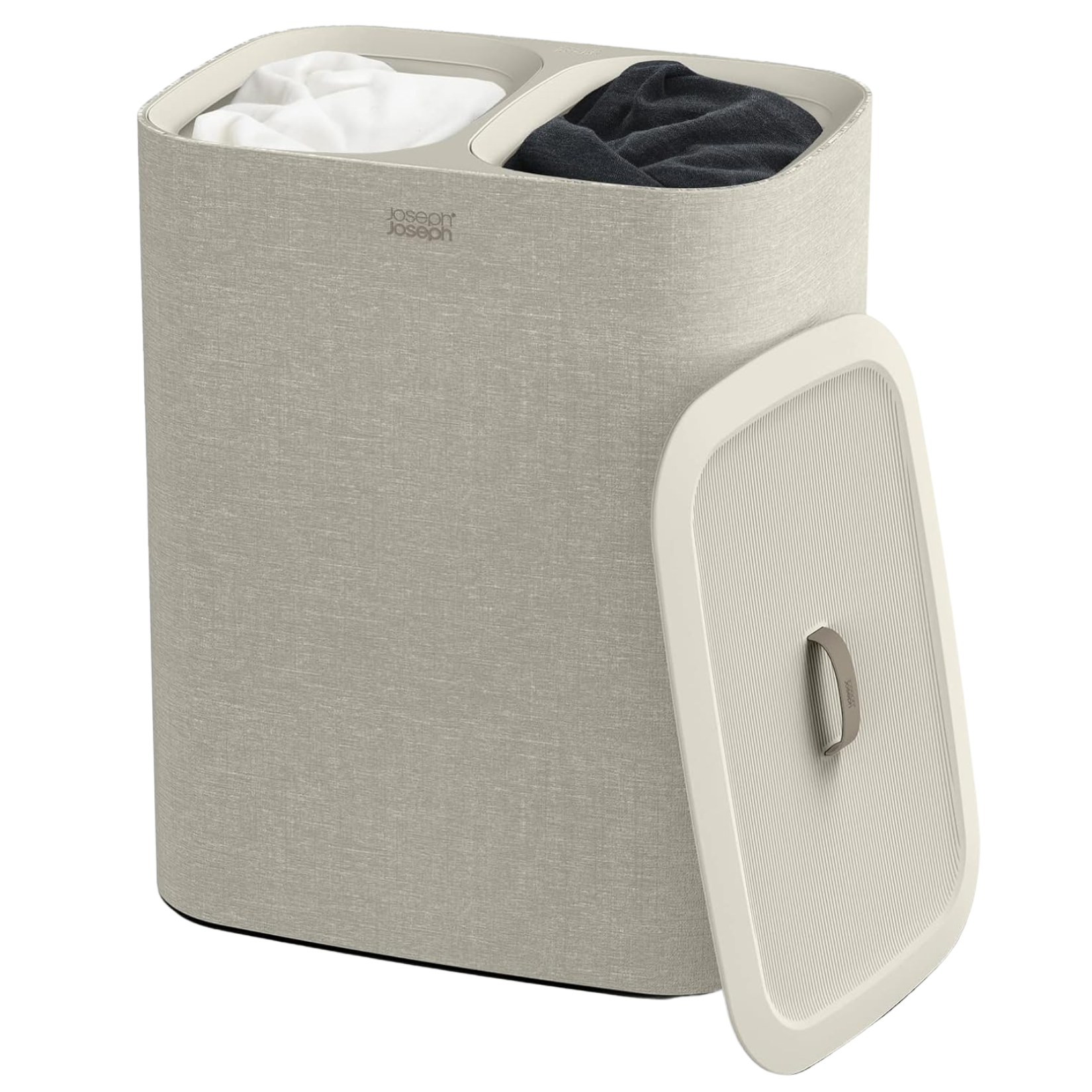 a beige joseph joseph laundry basket with 2 separate compartments