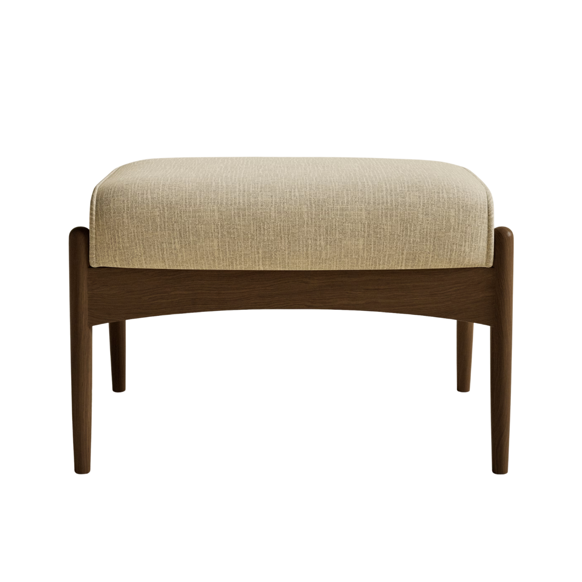 A FOOTSTOOL WITH DARK WOOD LEGS AND A BEIGE CUSHION