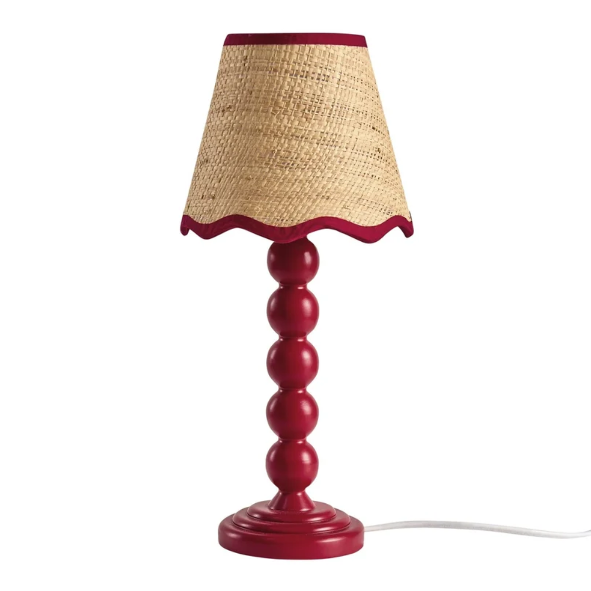 red bobbin lamp with a raffia scalloped shade