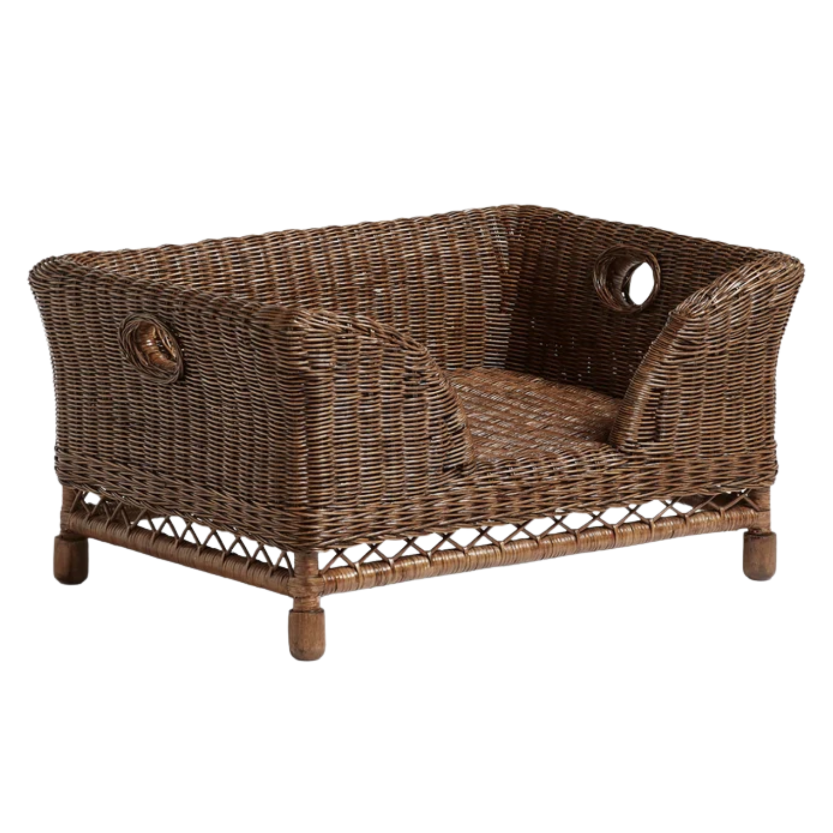 A dark brown rattan dog bed with legs