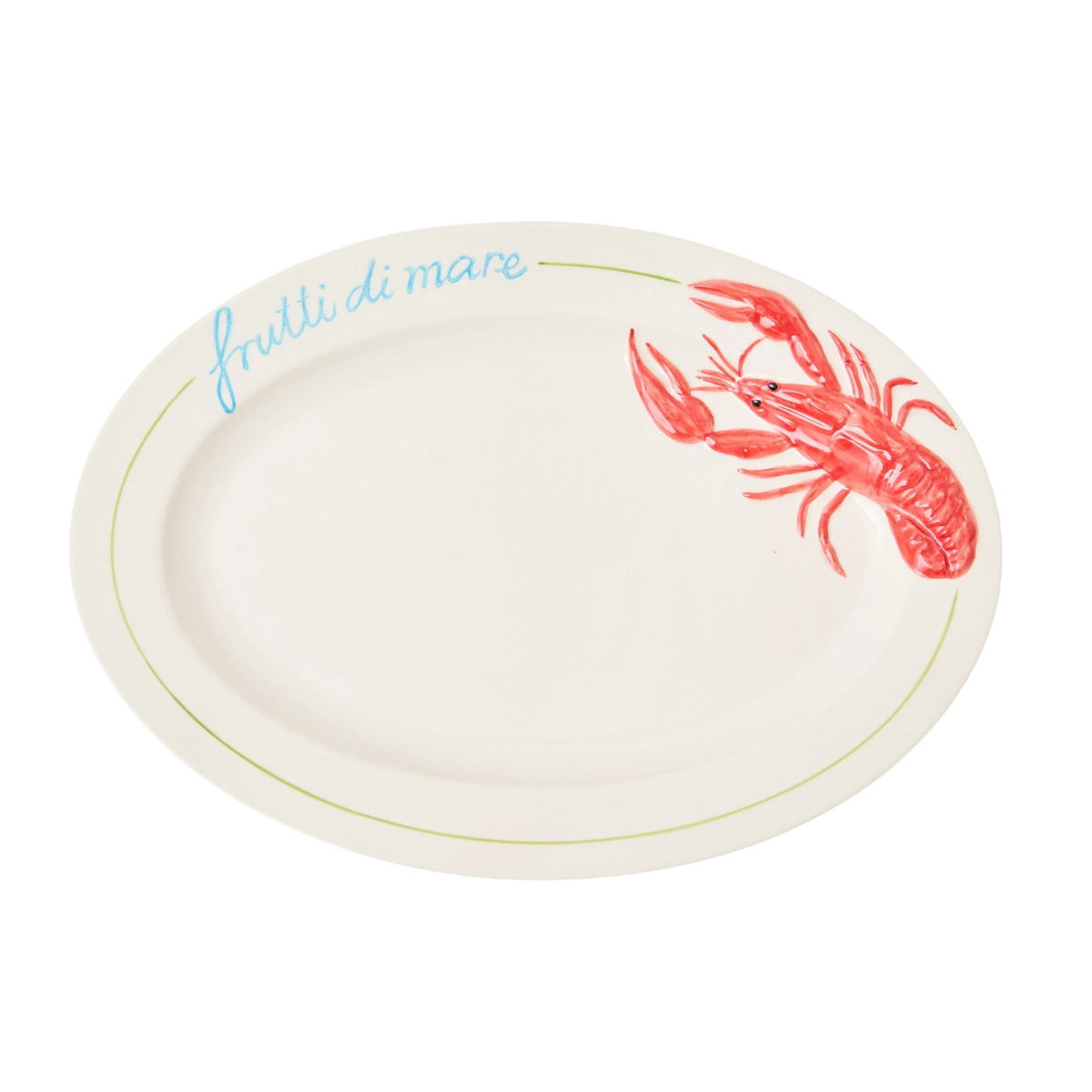 a white oval platter with a red painted lobster