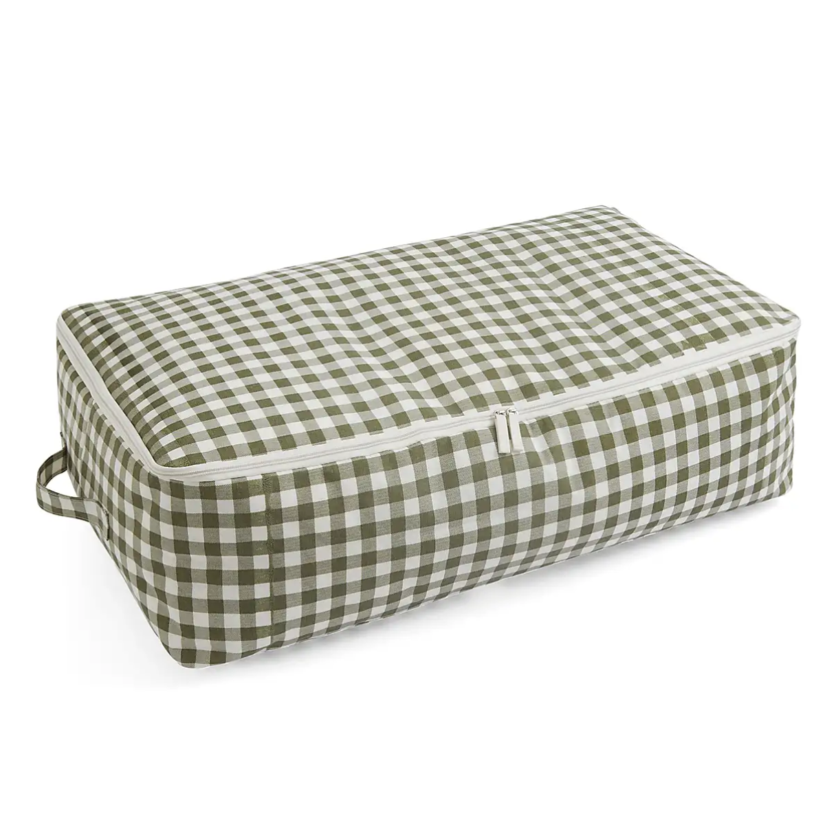 white and green gingham under bed storage bag