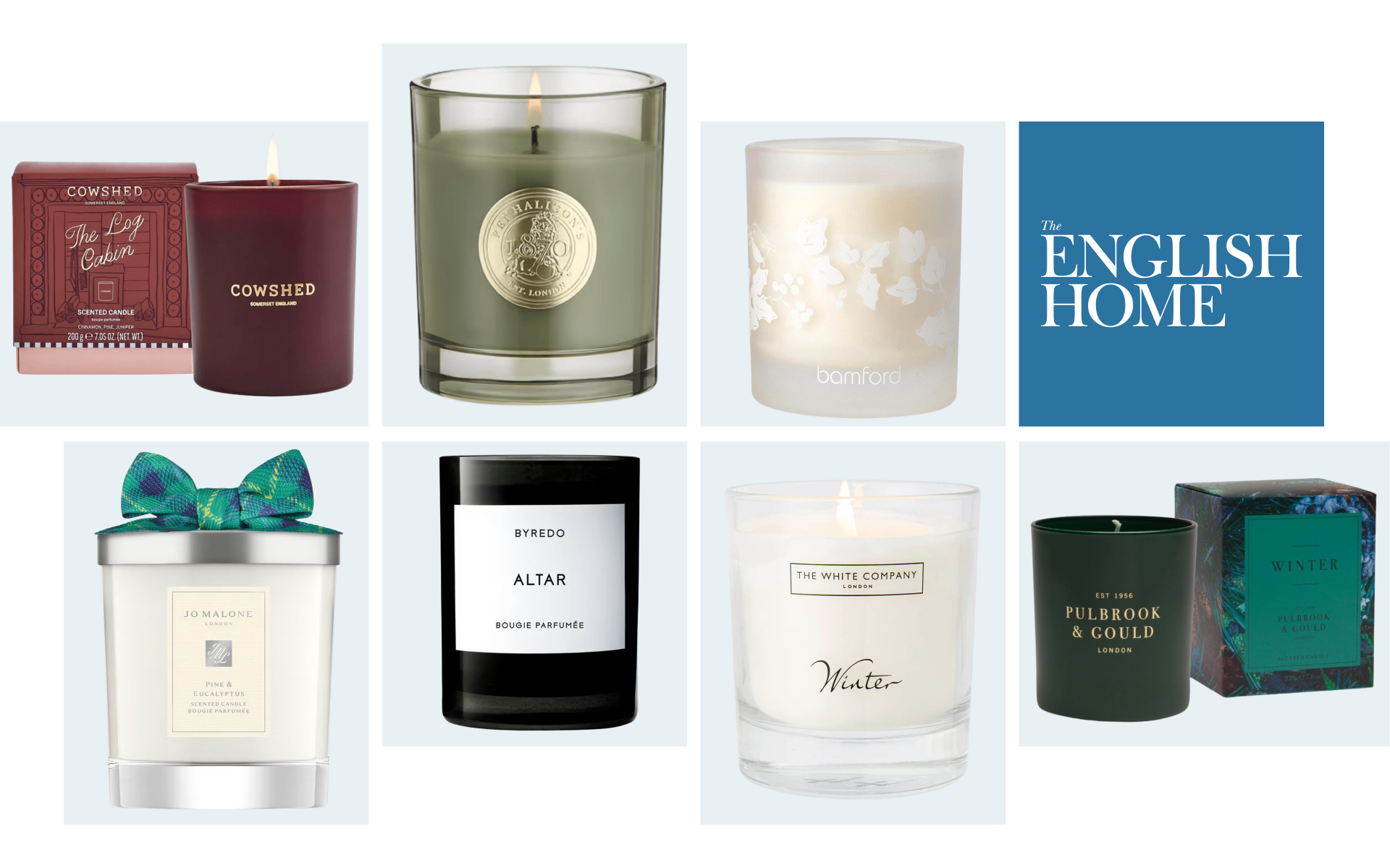 Product collage of luxury winter candles including Cowshed, Penhaligon's, Bamford, Jo Malone Pine & Eucalyptus, Byredo Altar, The White Company Winter, Pulbrook & Gould, and The English Home logo