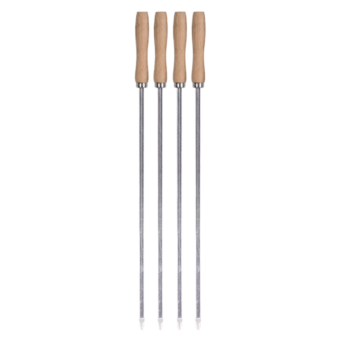 a set of 4 steel skewers with wooden handles