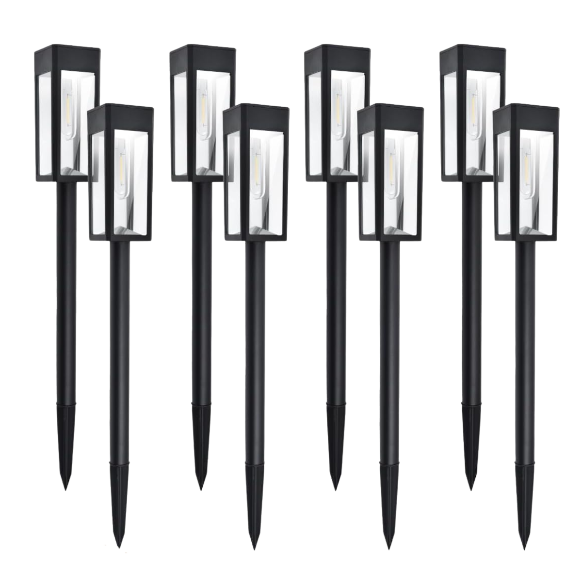 a set of 8 black solar stake lights