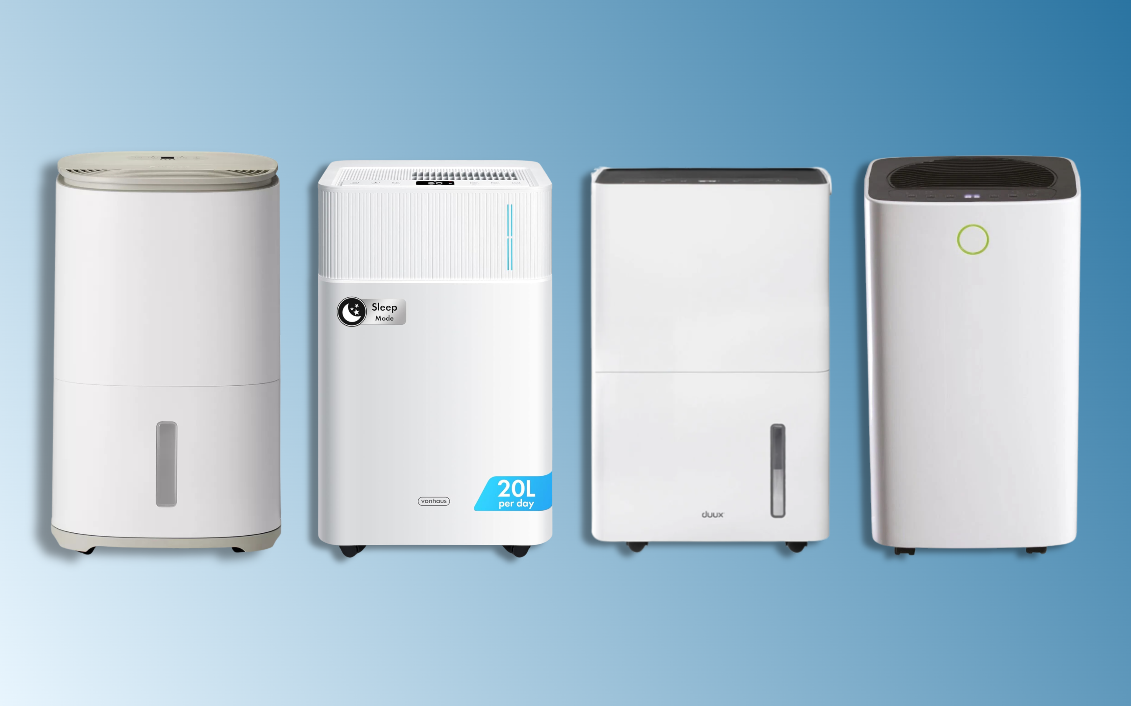 a row of 4 dehumidifiers on a blue background