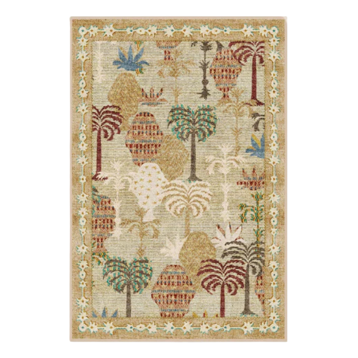 a beige rug with earthy palm tree motifs