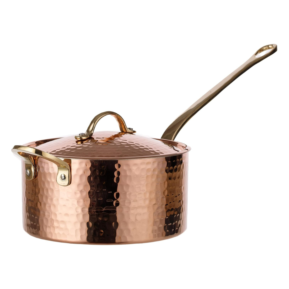 a copper saucepan with a lid on a white background