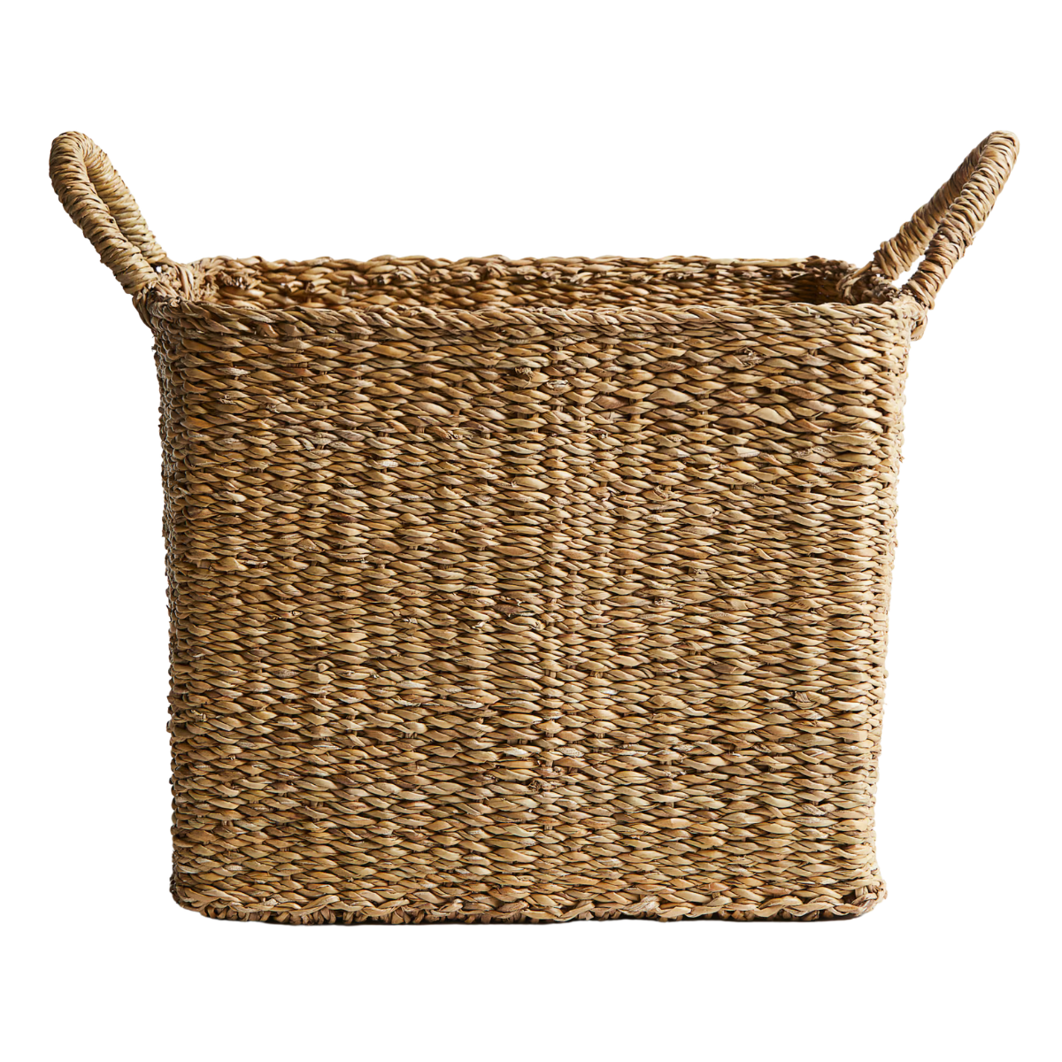 A WICKER STORAGE BASKET WITH HANDLES
