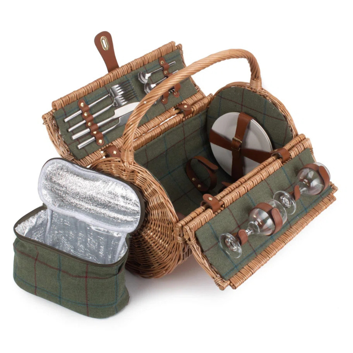a round picnic basket with a green tweed interior with leather details and cutlery, wine glasses and an insulated bag