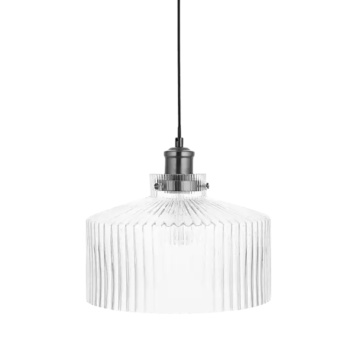 a clear glass ribbed light pendant on a white background