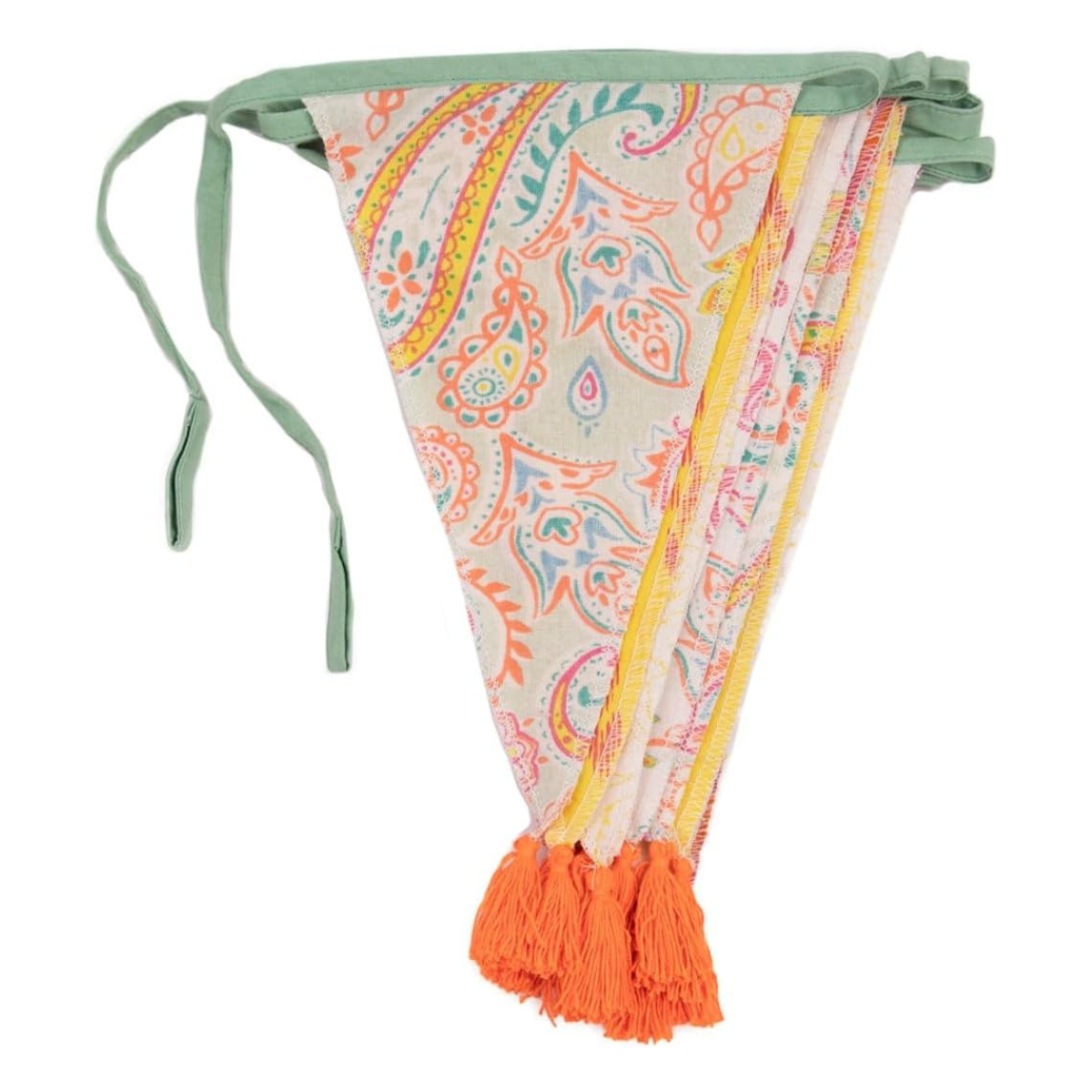 a set of green, orange and yellow fabric bunting with a paisley print