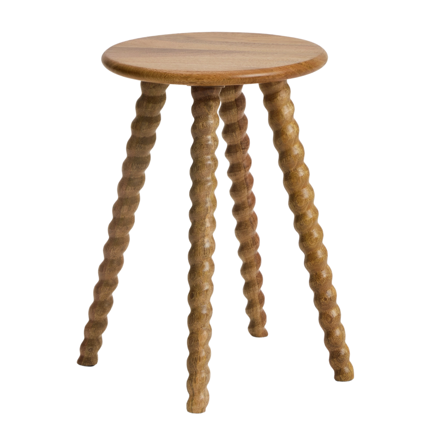 a round wooden side table with bobbin legs