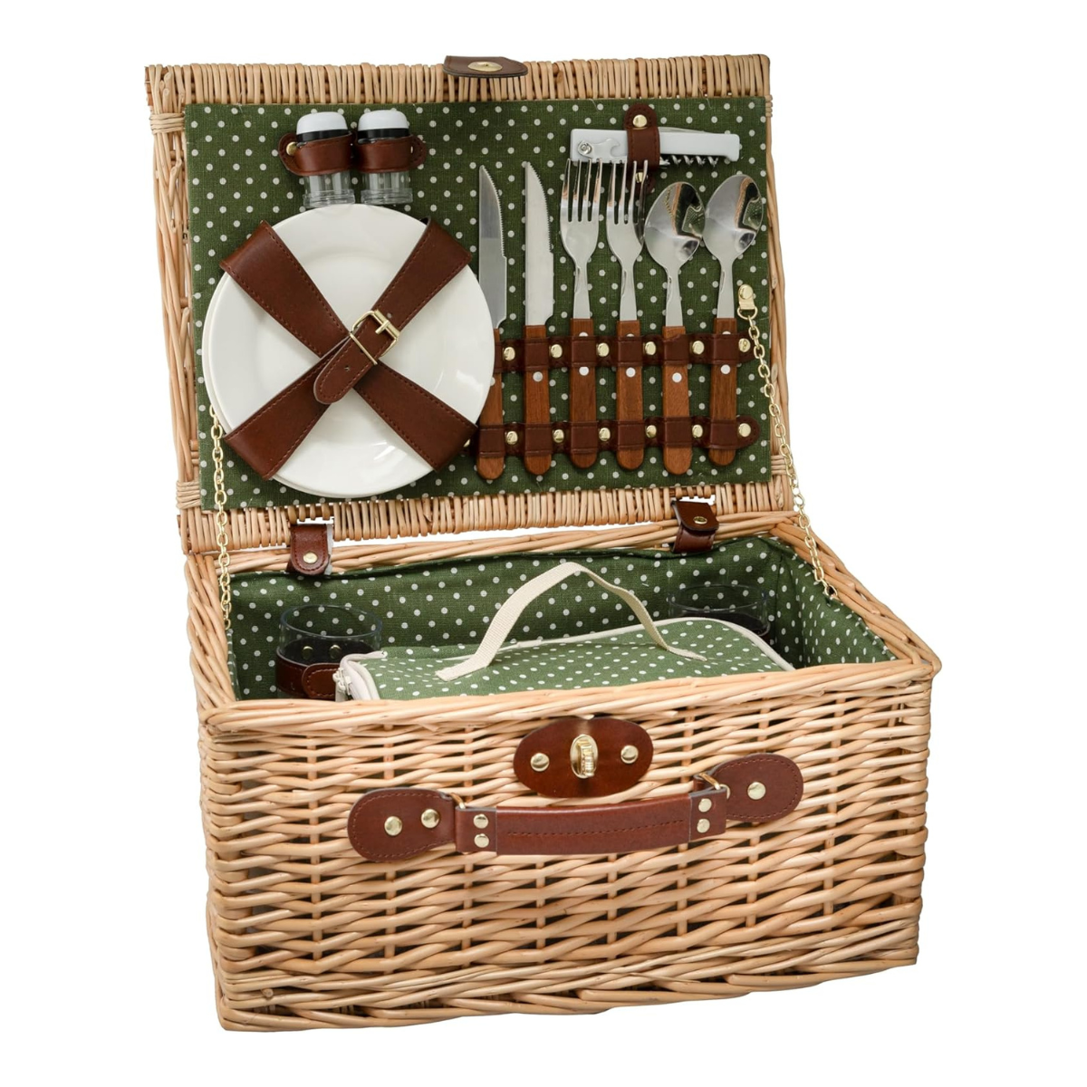 a wicker picnic basket with a green and white polka dot lining and cutlery