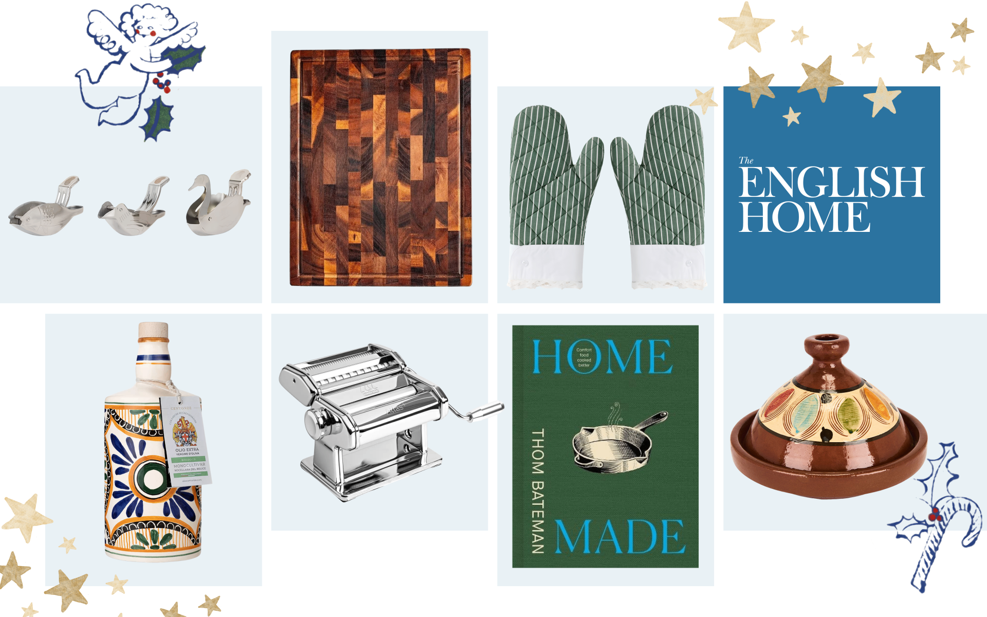 A collage of Christmas gifts for cooks from The English Home, featuring bird-shaped lemon squeezers, a wooden cutting board, green oven gloves, patterned olive oil, a pasta maker, a Home Made cookbook, and a ceramic tagine