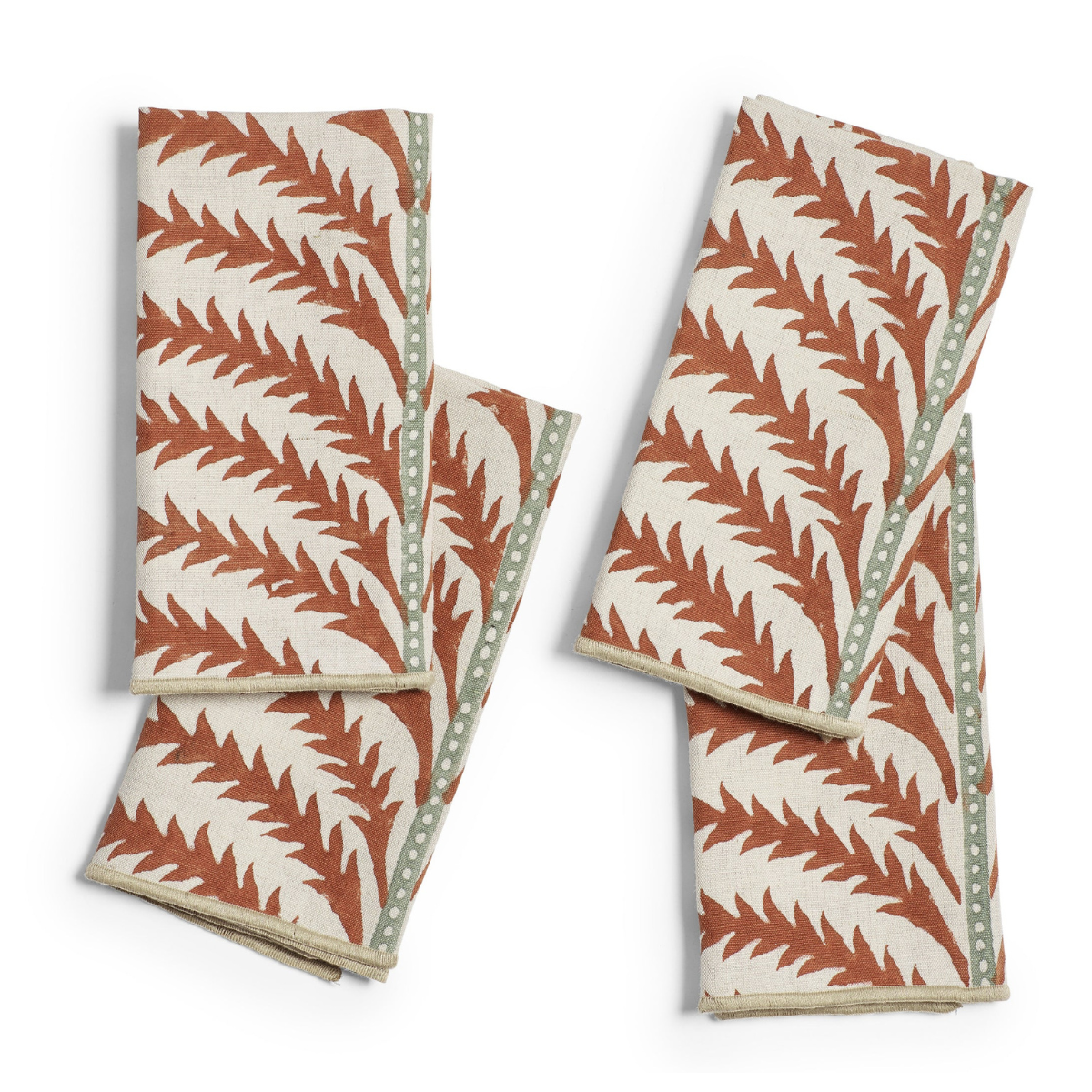 a set of 4 WHITE, RUST AND PALE GREEN tropical pattern napkins