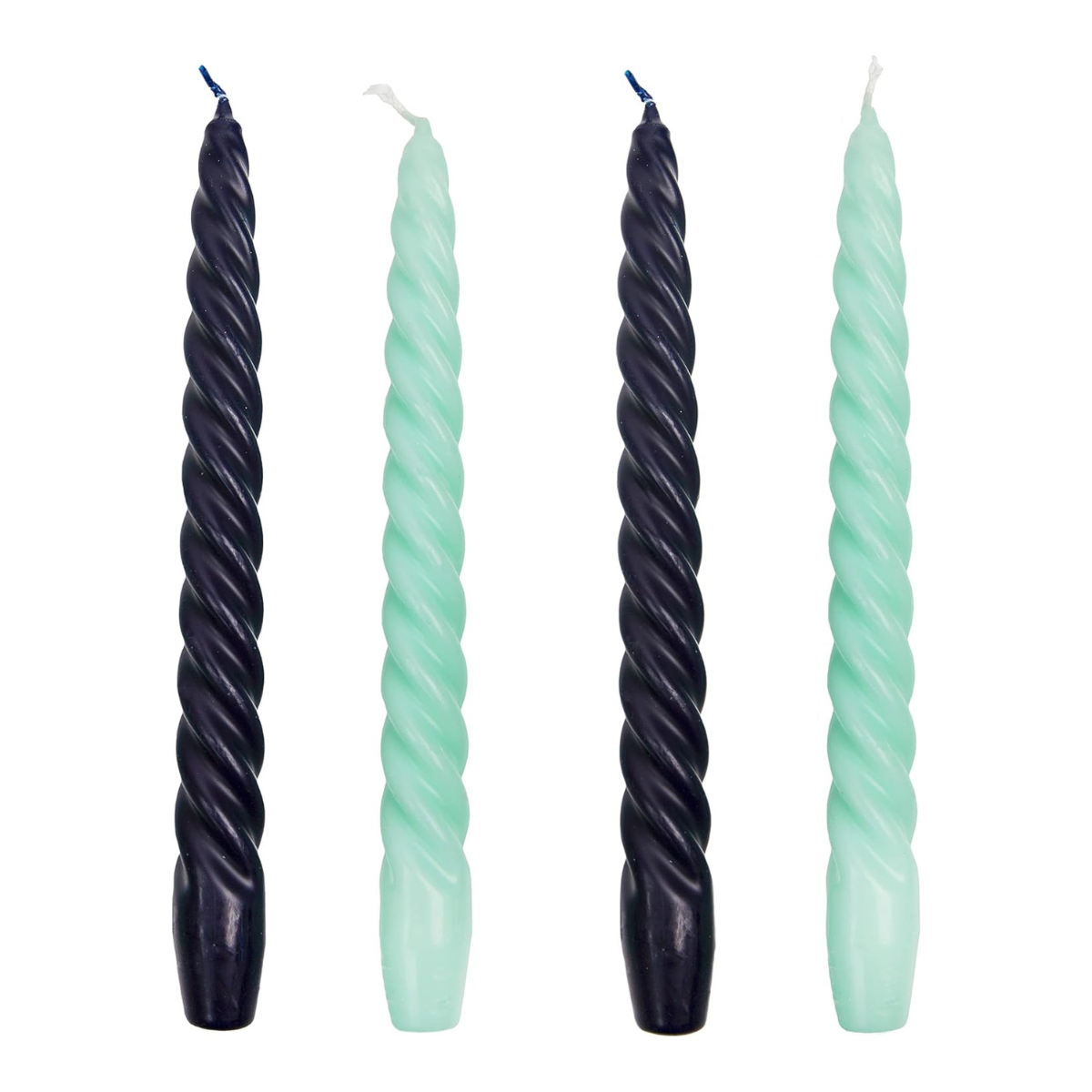 two dark navy twisted dinner candle and 2 mint green twisted dinner candles