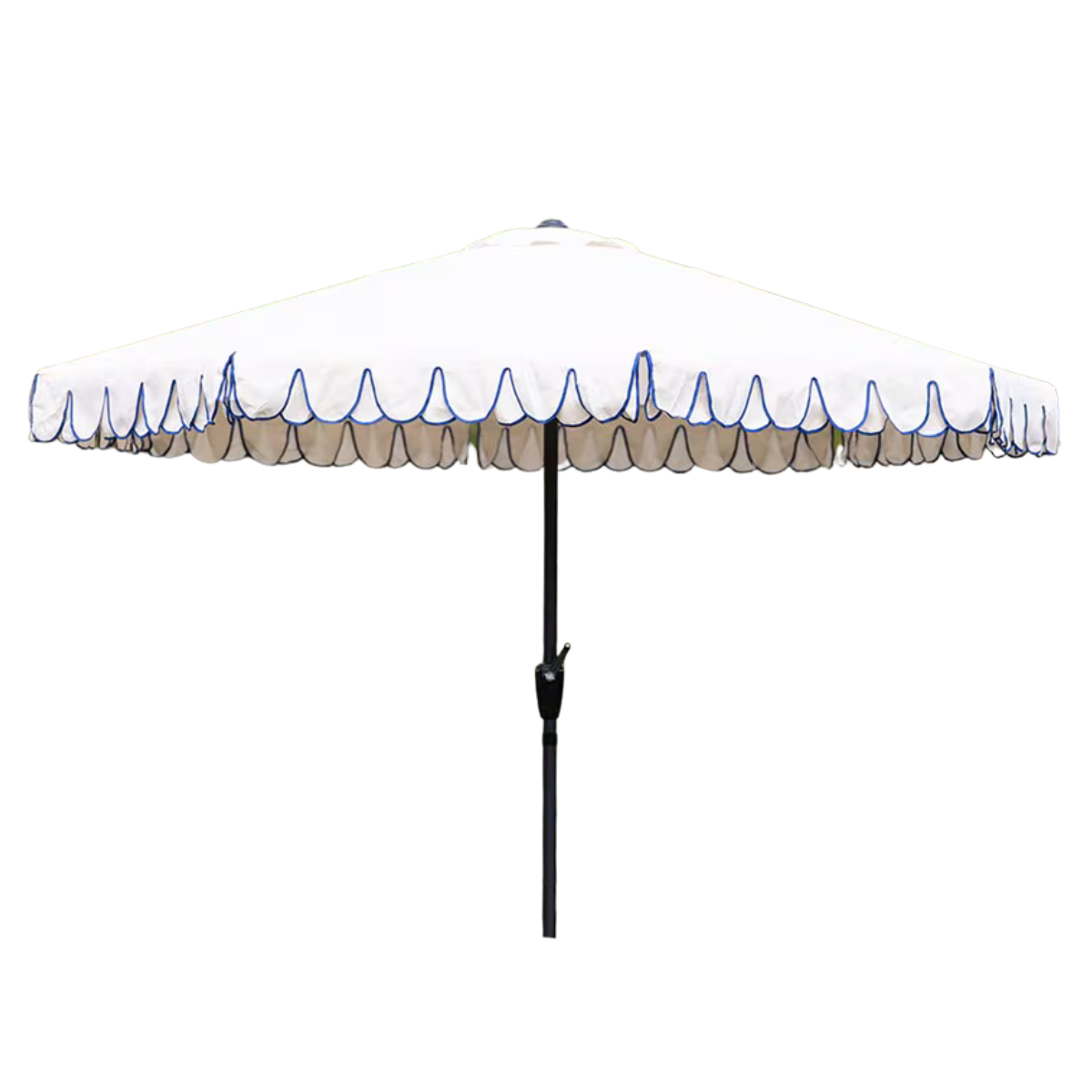 a white parasol with a navy blue scalloped trim and a black pole