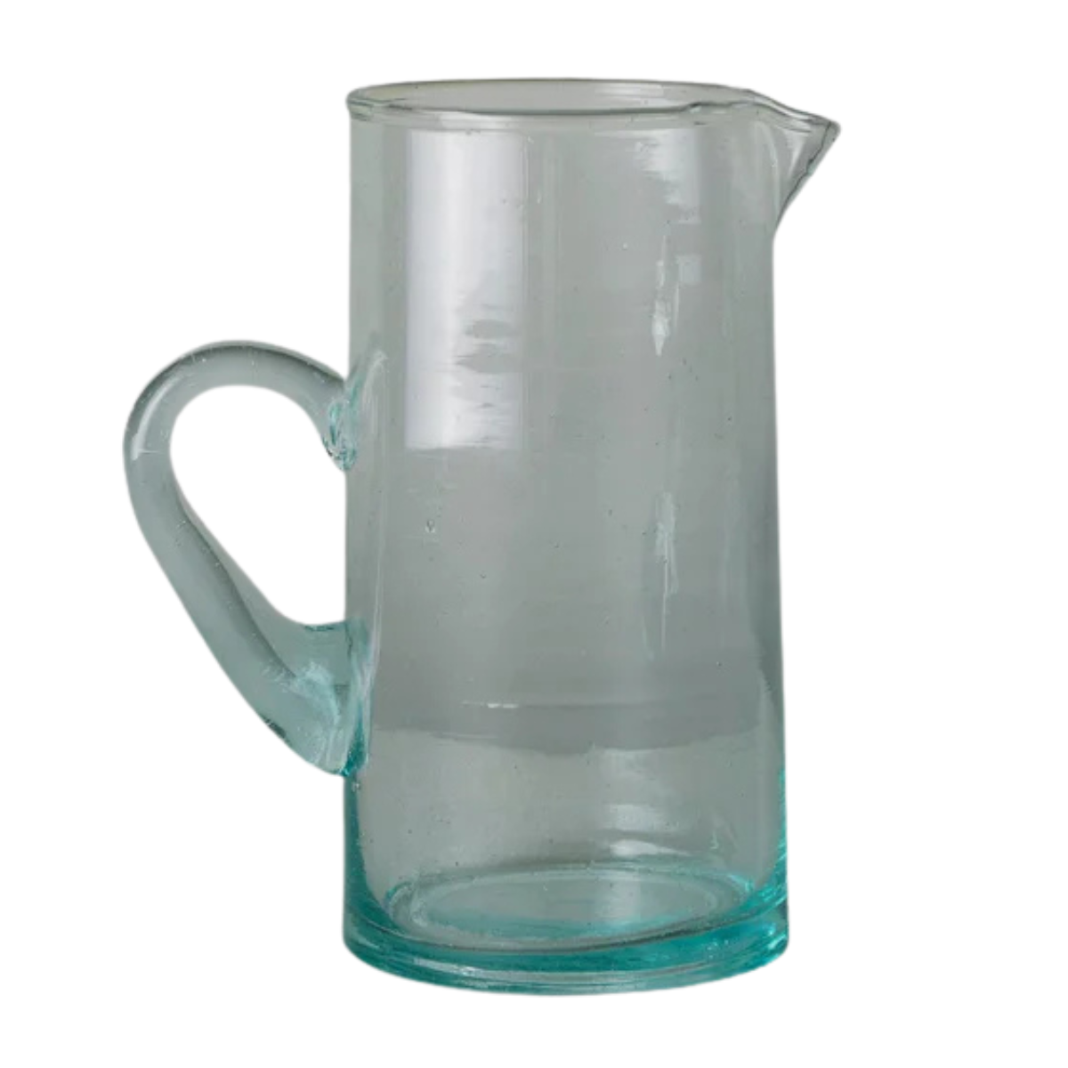 a clear glass jug with a blue tint
