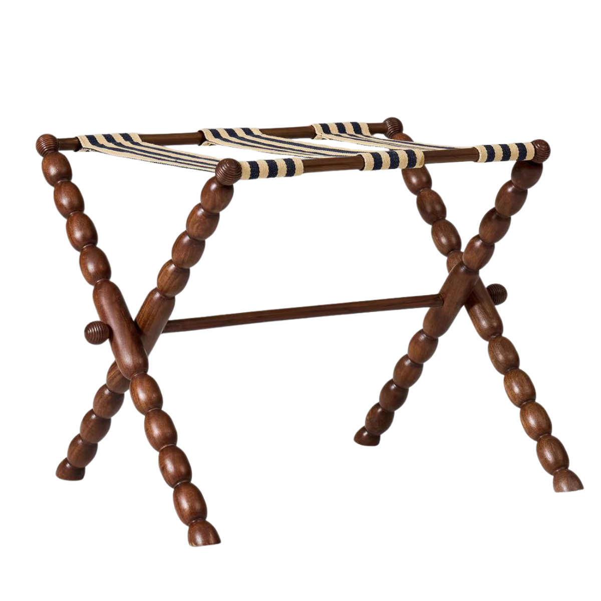 a dark wood bobbin luggage rack with cream and black striped fabric