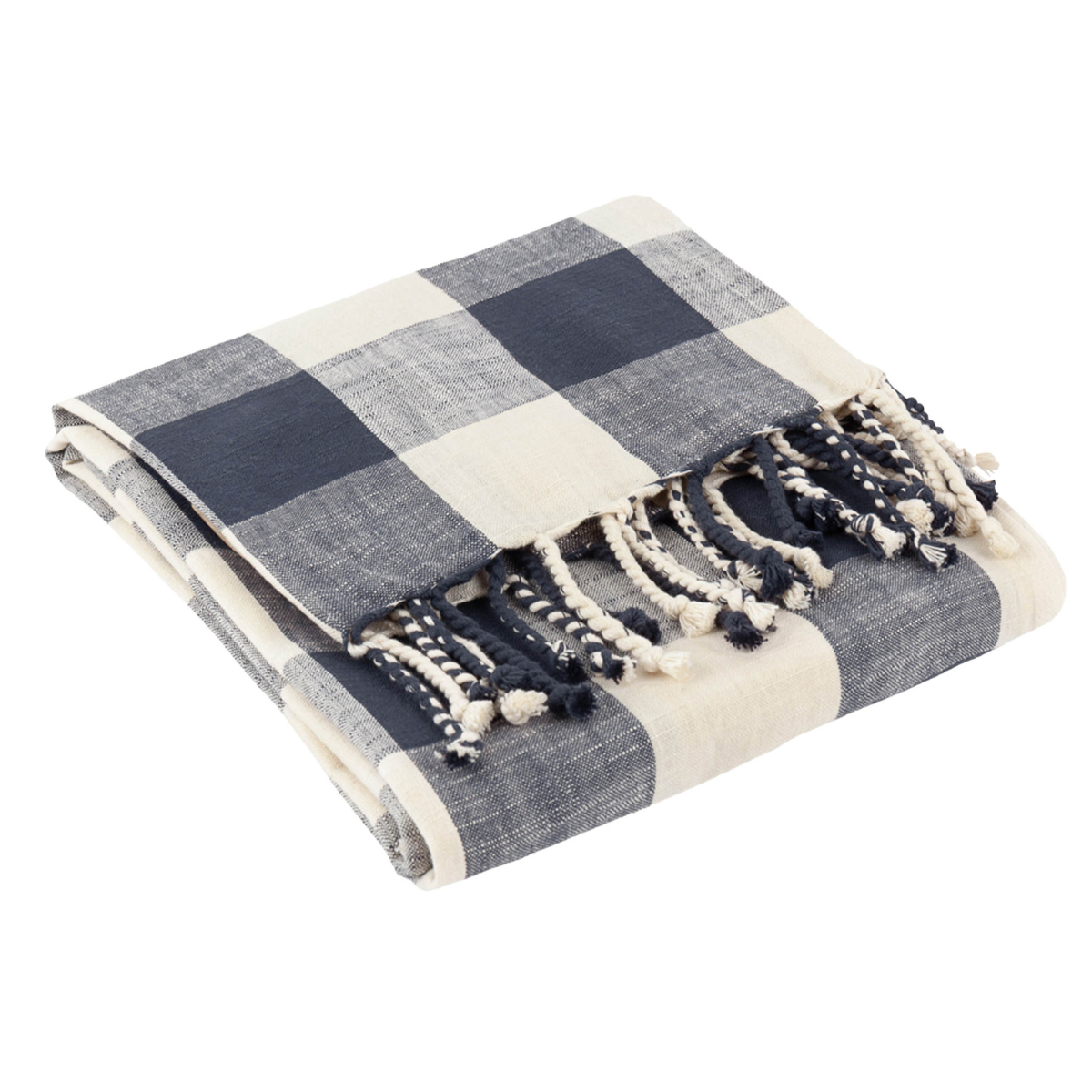 a navy and white gingham throw with tassels
