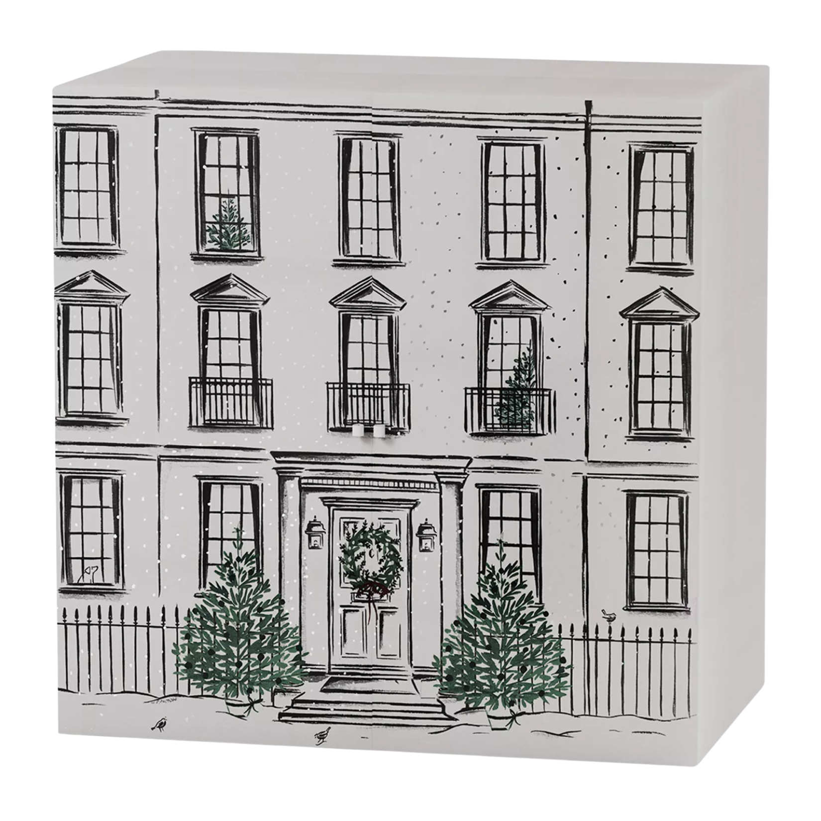 The White Company advent calendar styled like a white town house with fine black line illustrations and festive green trees.