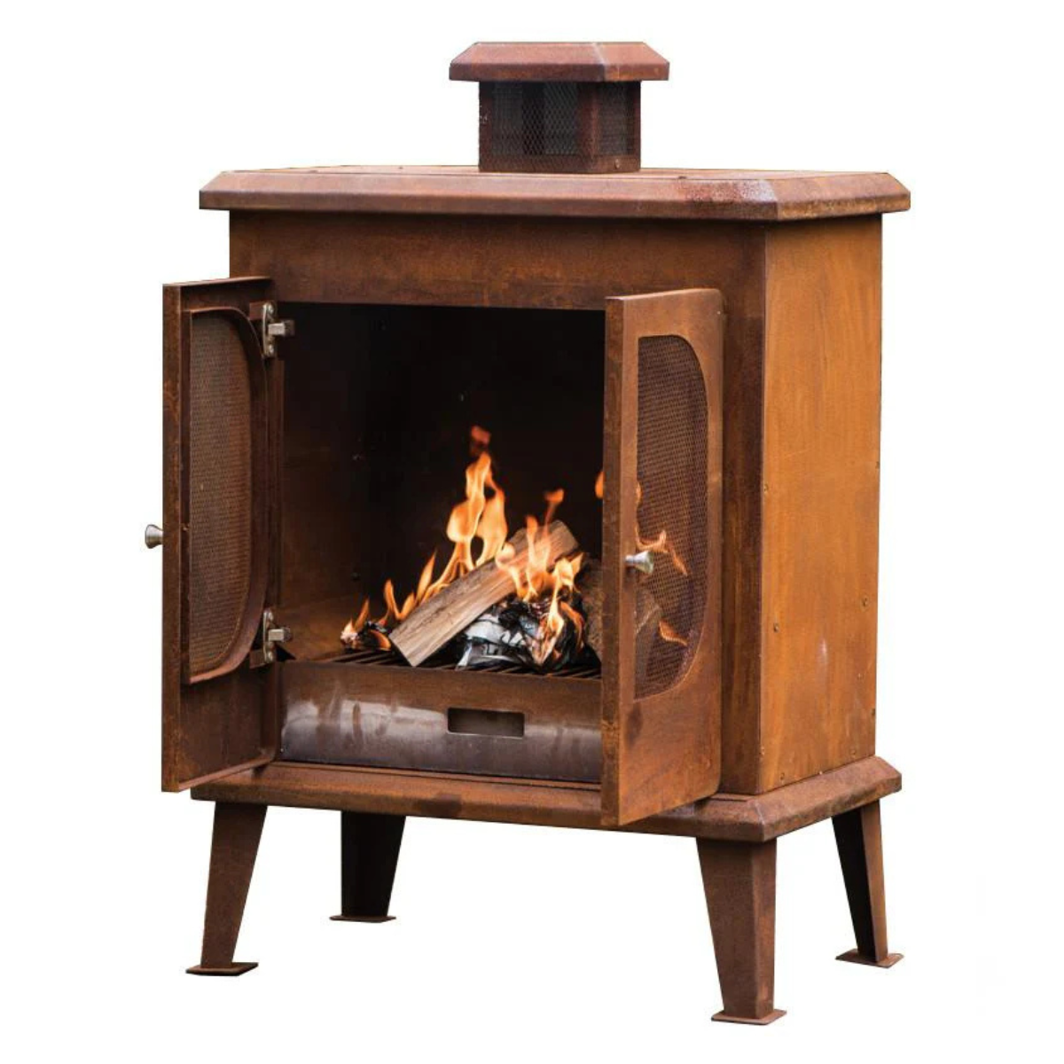 an orange rust effect outdoor fireplace