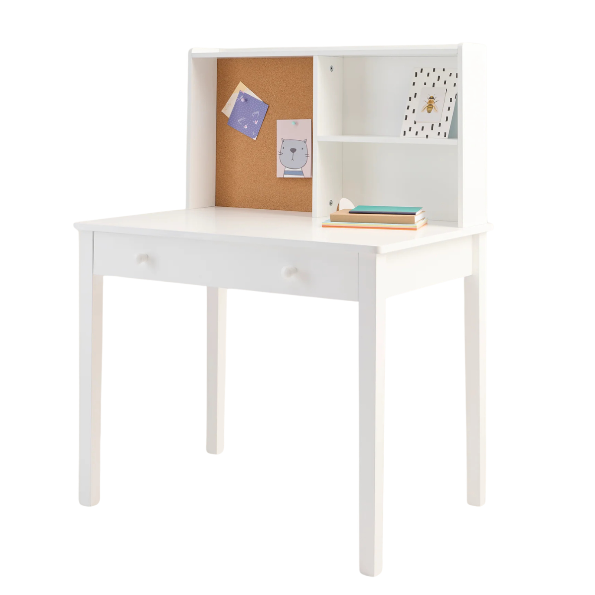 a white kids desk with a pinboard and shelf on top