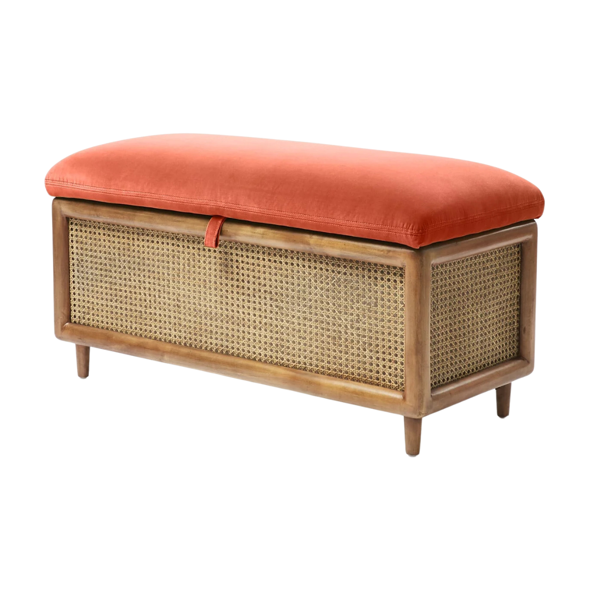 orange and rattan velvet storage ottoman