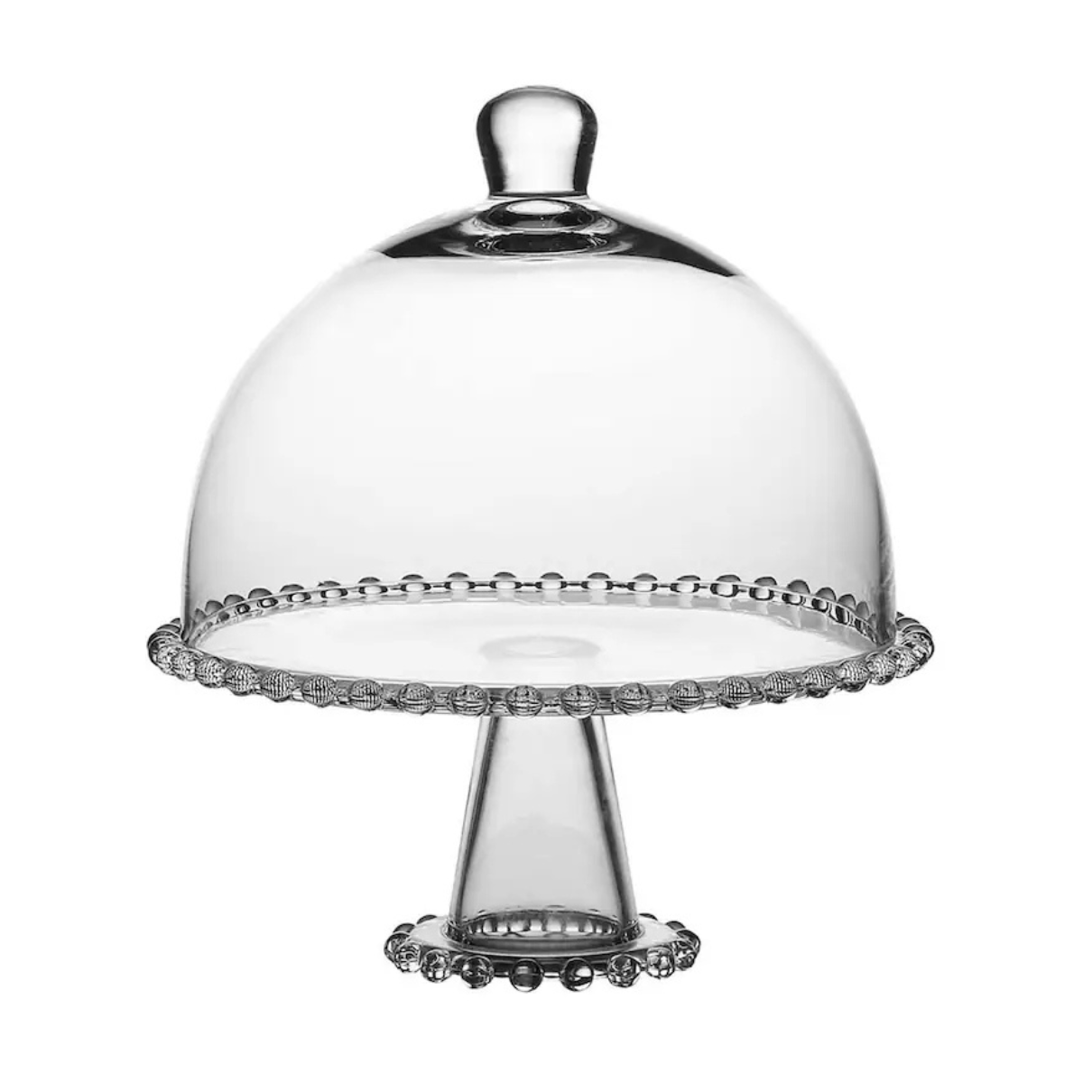 a glass cake stand with a dome and a bobbin detail