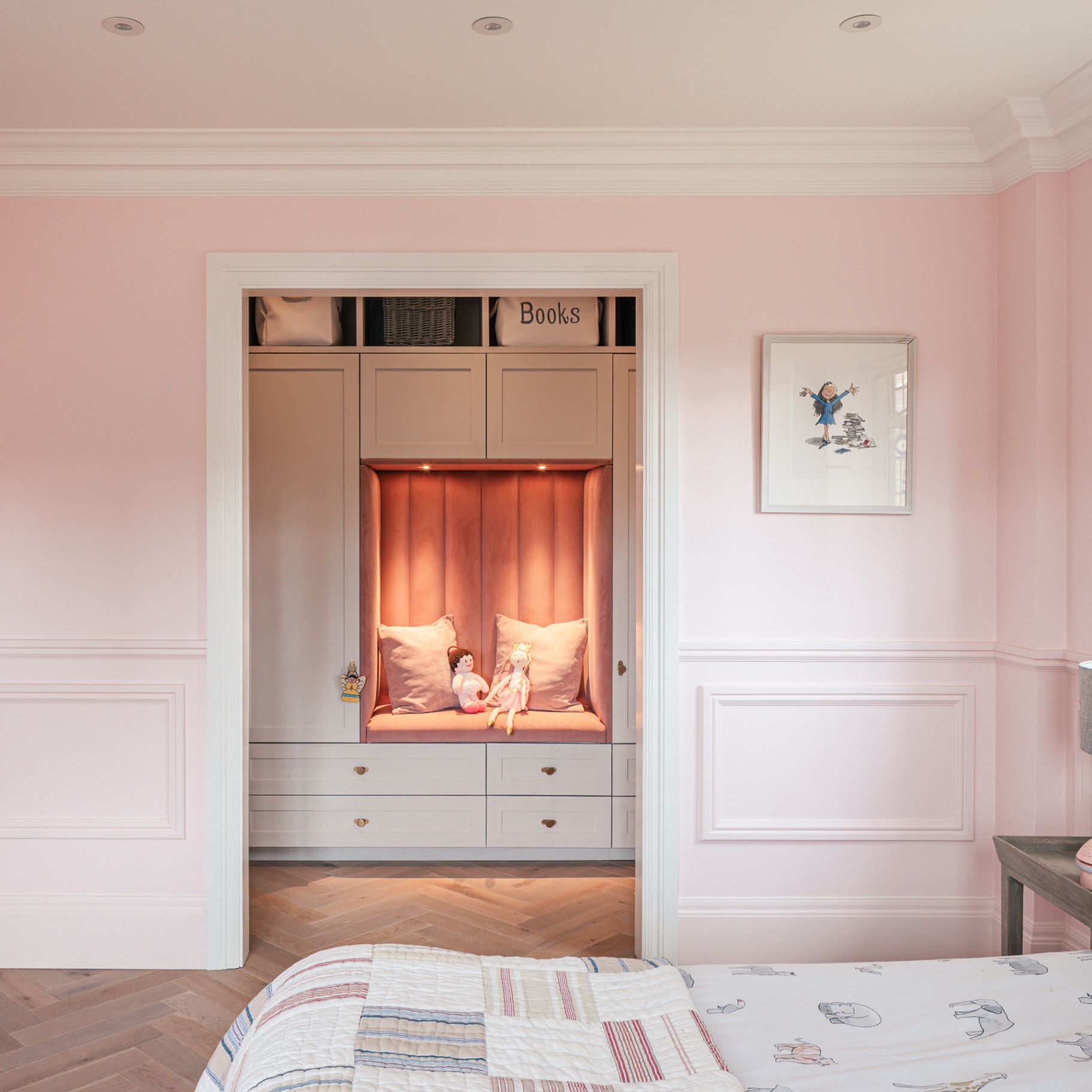 Inside david gandys home pictured a pink childrens bedroom 