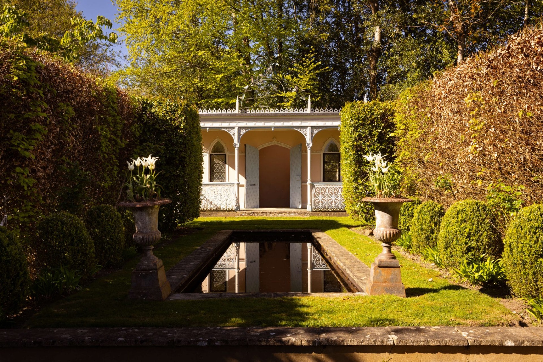 Old House garden folly overlooking a pond, former home of Princess Margaret