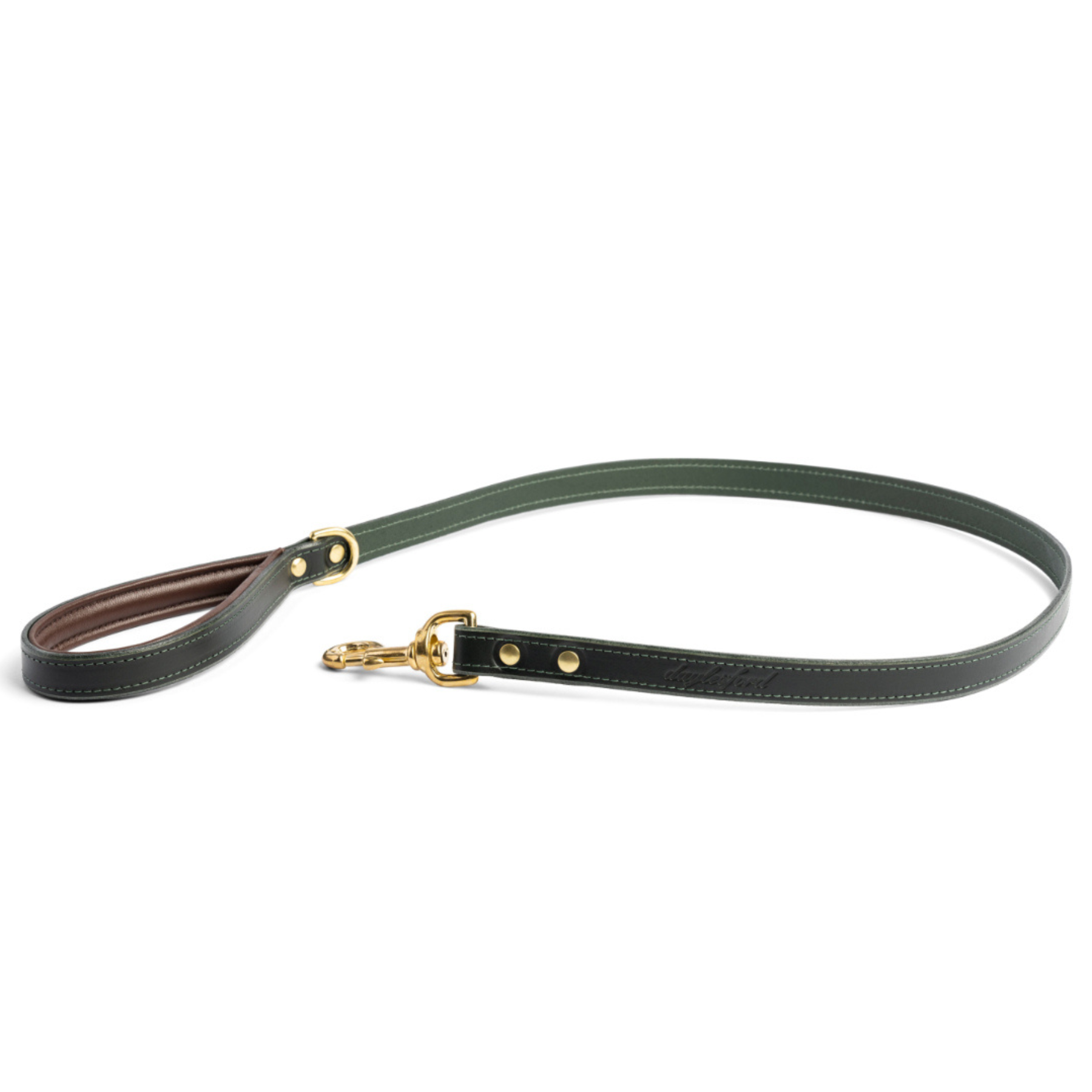 a dark green leather dog lead with gold hardware