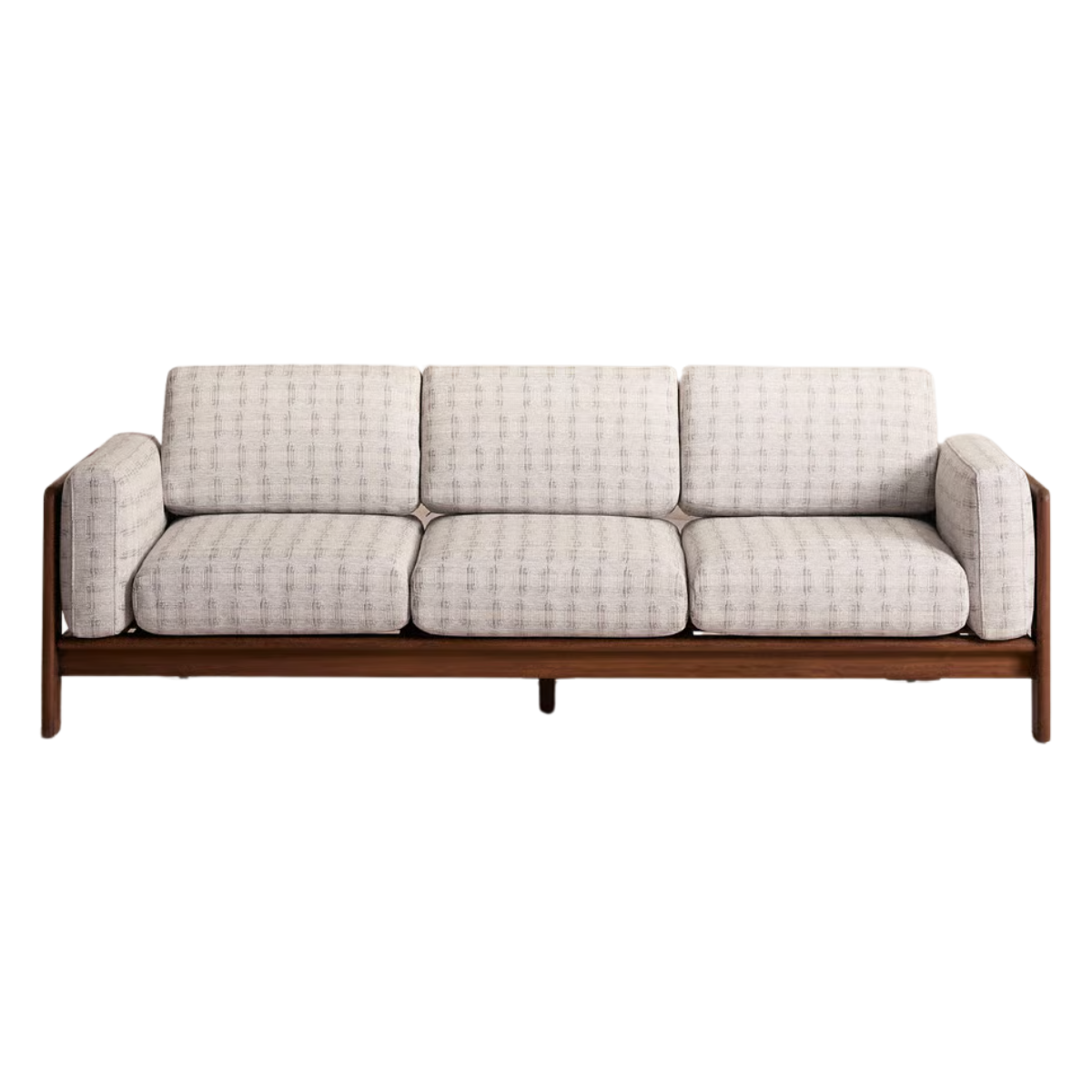 a wooden outdoor sofa with neutral patterned cushions