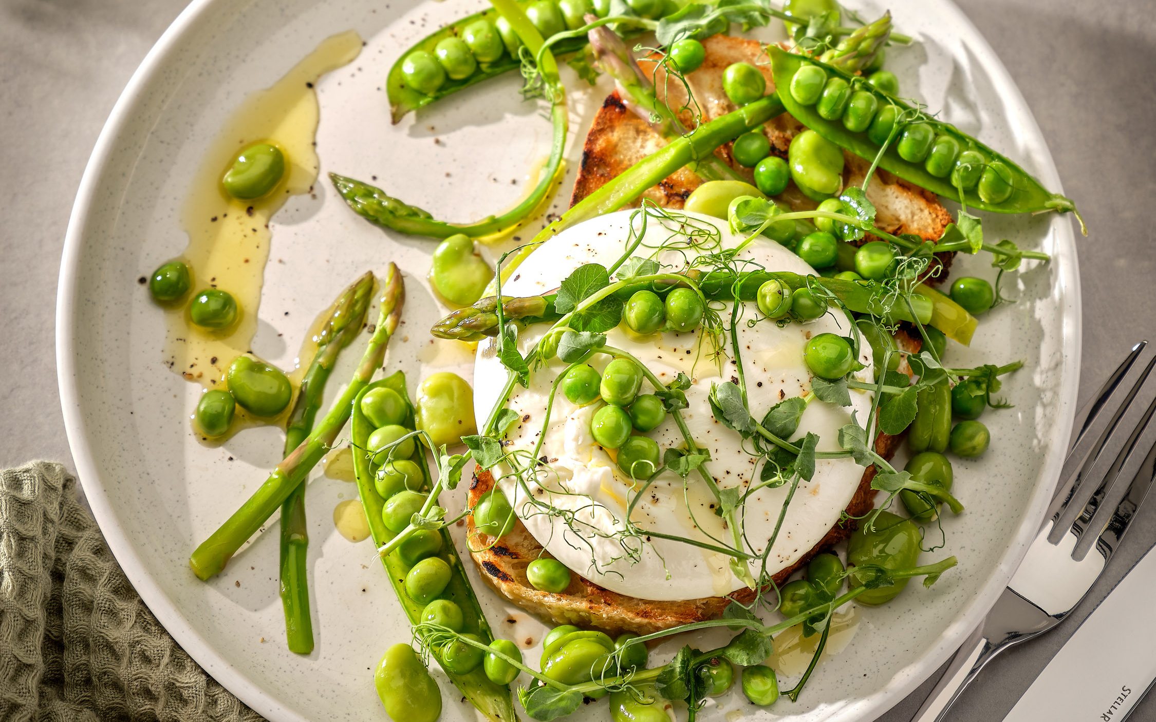 peas and burrata on a piece of sourdough on a white plate