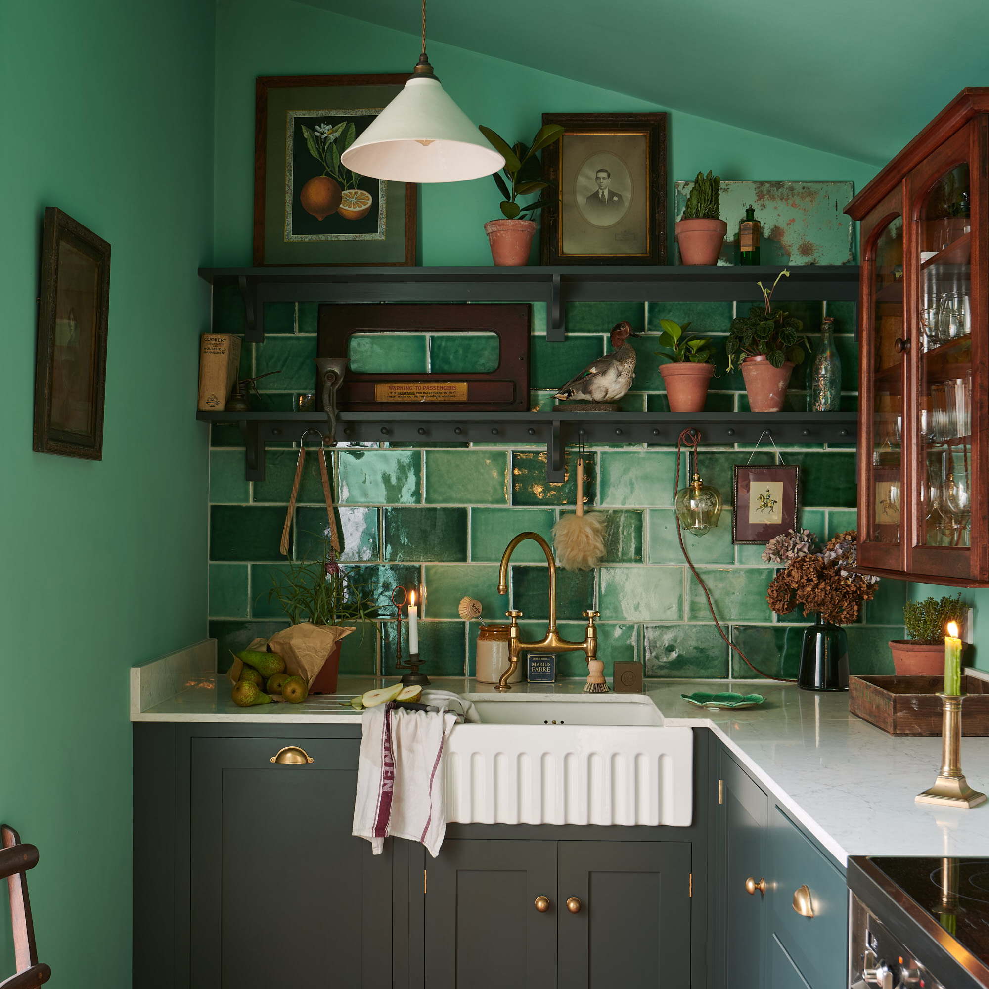 devol green tile kitchen with open shelves