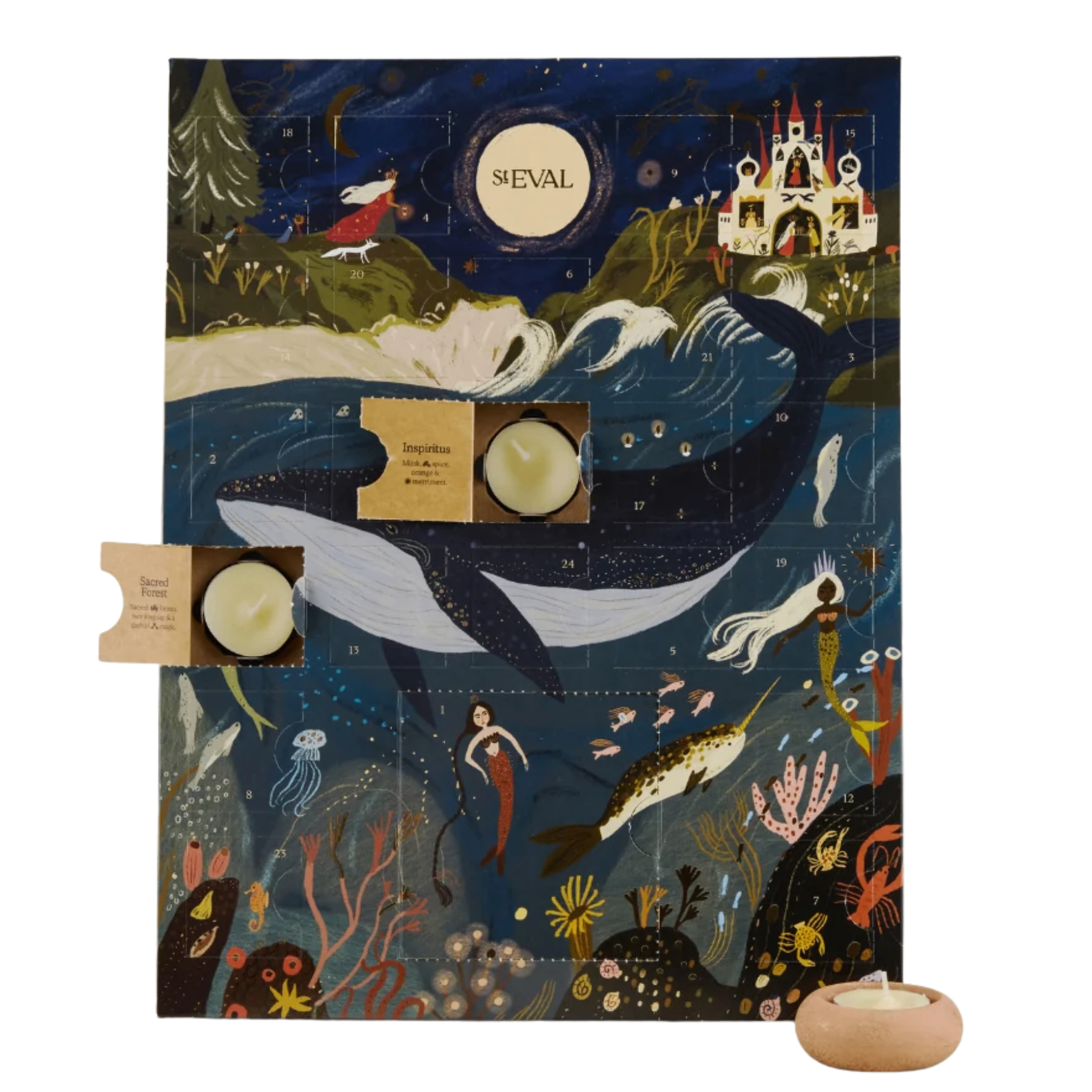 St Eval tealight advent calendar decorated with a dark blue night sky, ocean waves, sea creatures, and a large whale