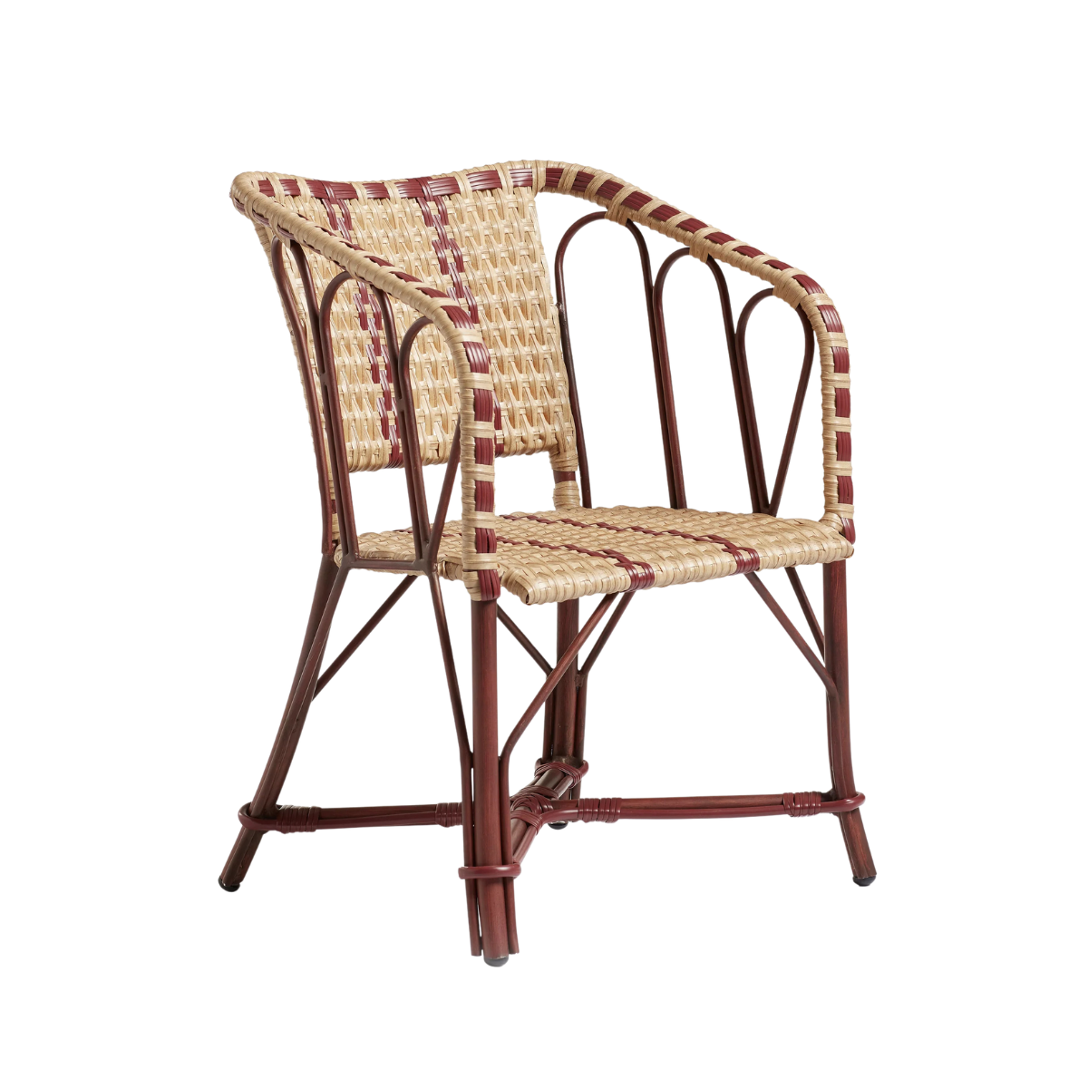 a beige and brown rattan outdoor chair with dark red detailing
