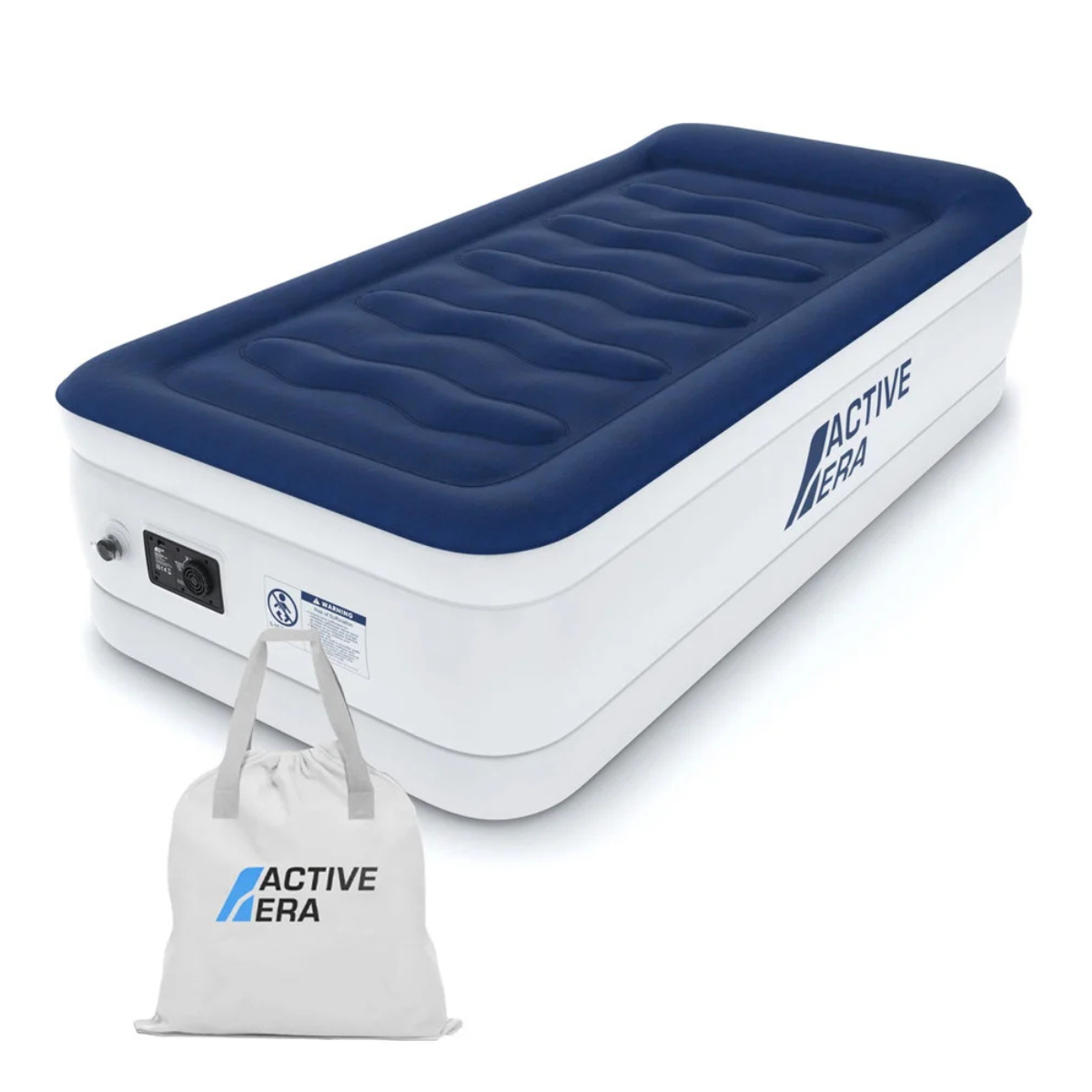 a white and navy single air bed with a carry bag