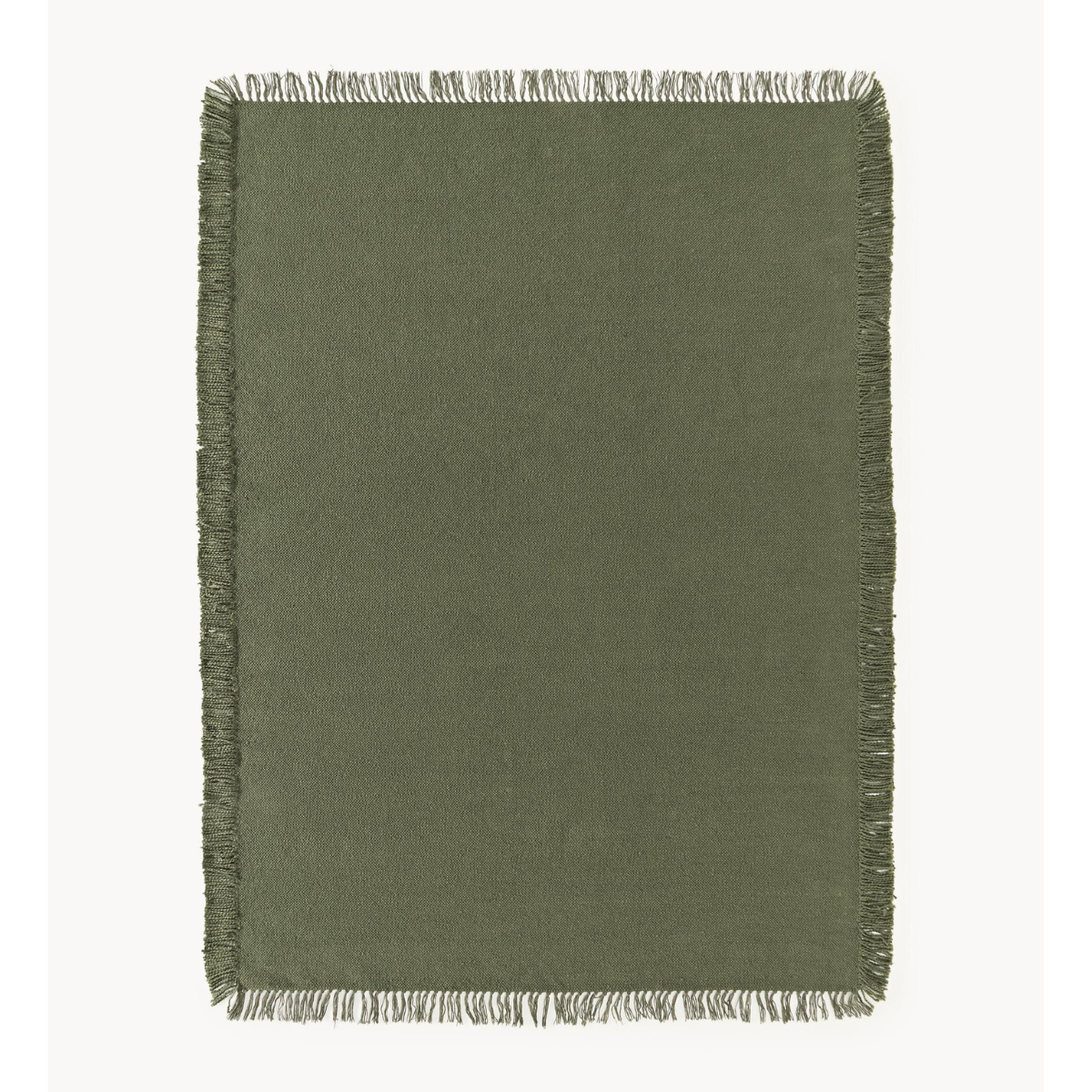 an olive green outdoor rug with a fringed trim